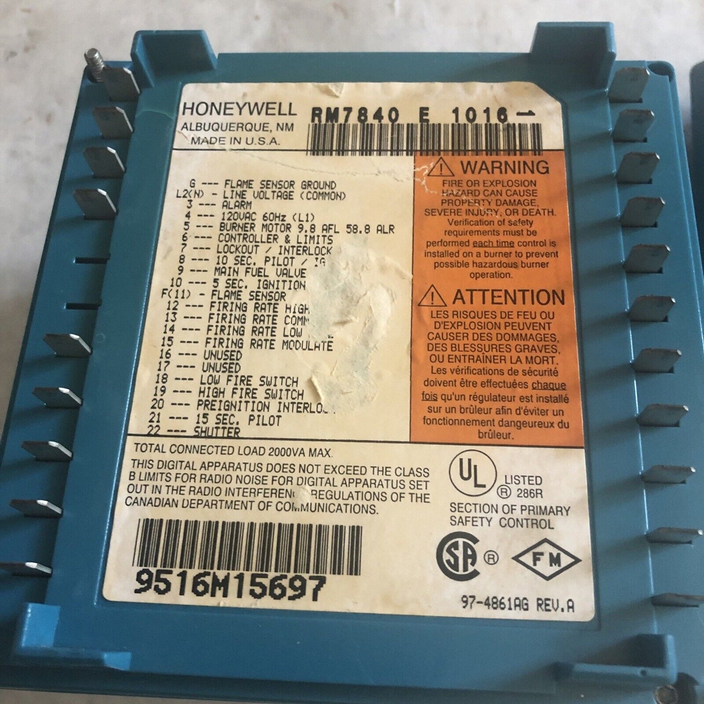 Honeywell Rm7840e1016,Rm7840 E 1016 Burner Control,Bw