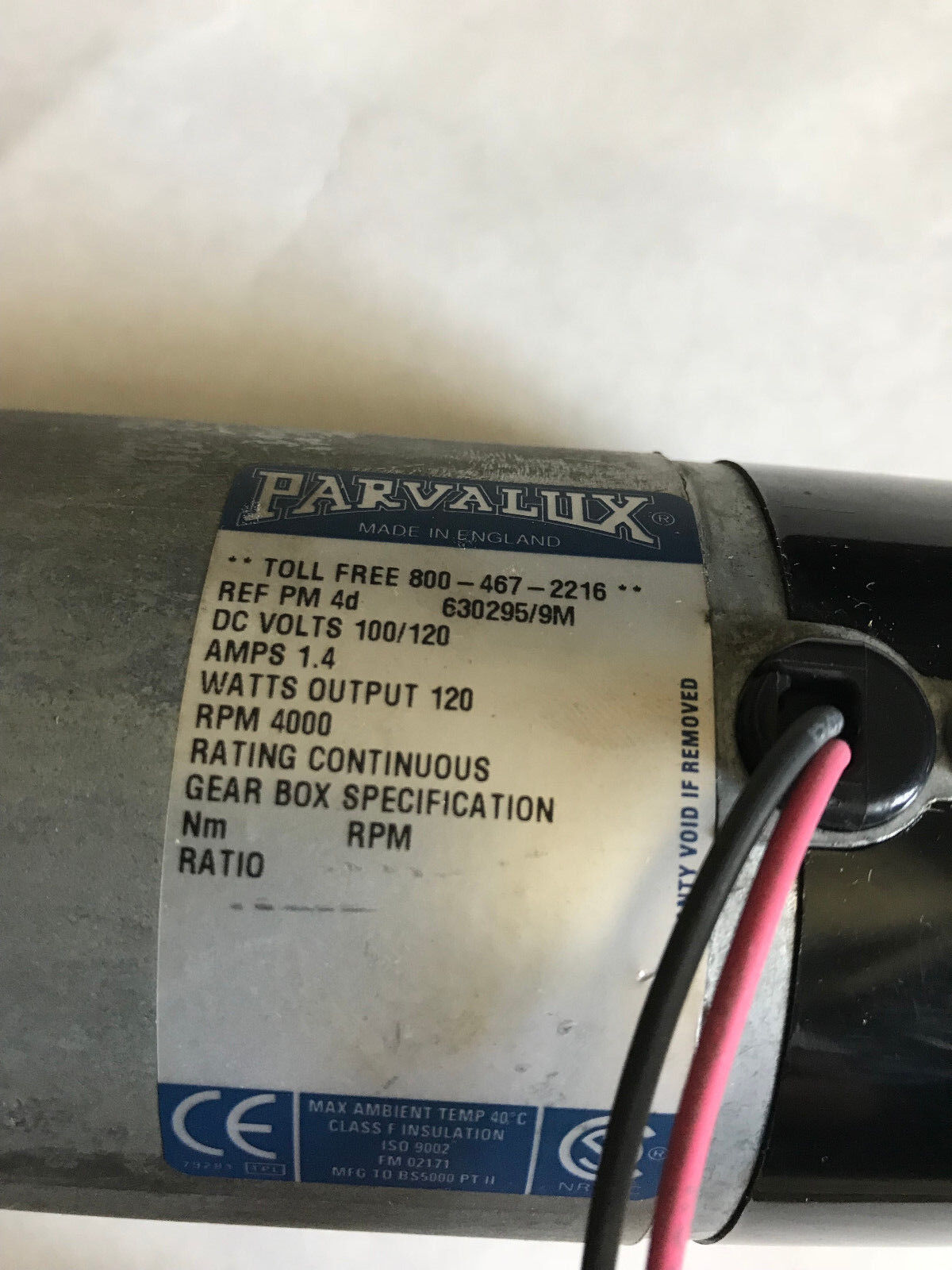 Parvalux Dc Motor 100/120V Dc,1.4A,120 Watts,4000 Rpm Ref Pm 4D 630295/9M,Sa