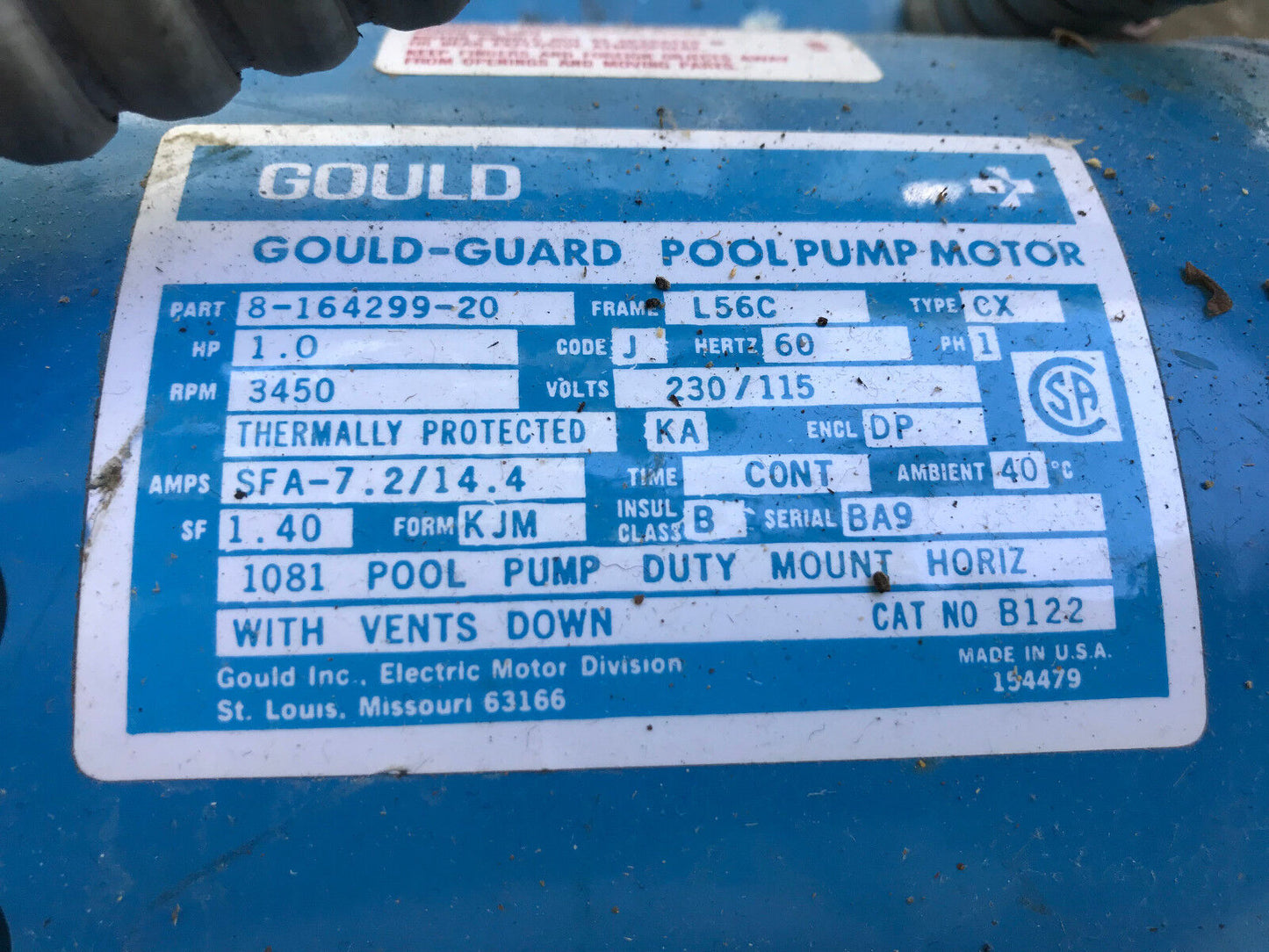 Gould 8-164299-20 Pool Pump Motor,Gould-Guard,1081 Pool Pump,Aqua A Q10,Aq10,Tg