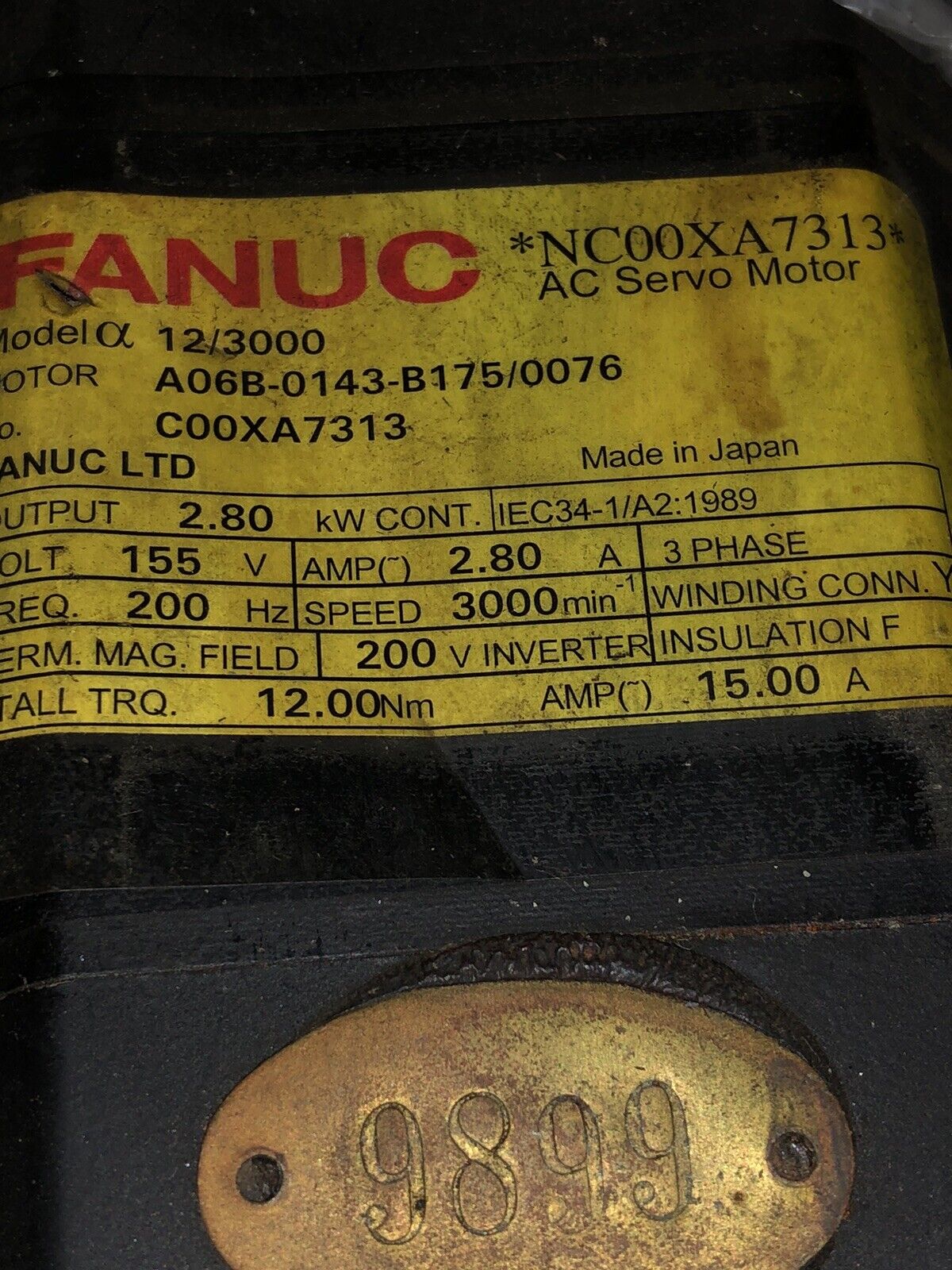 Used Ge Fanuc 12/3000,A06b-0143-B175/0076 Ac Servo Motor,3Ph,Iec34-1 15.00A,Te