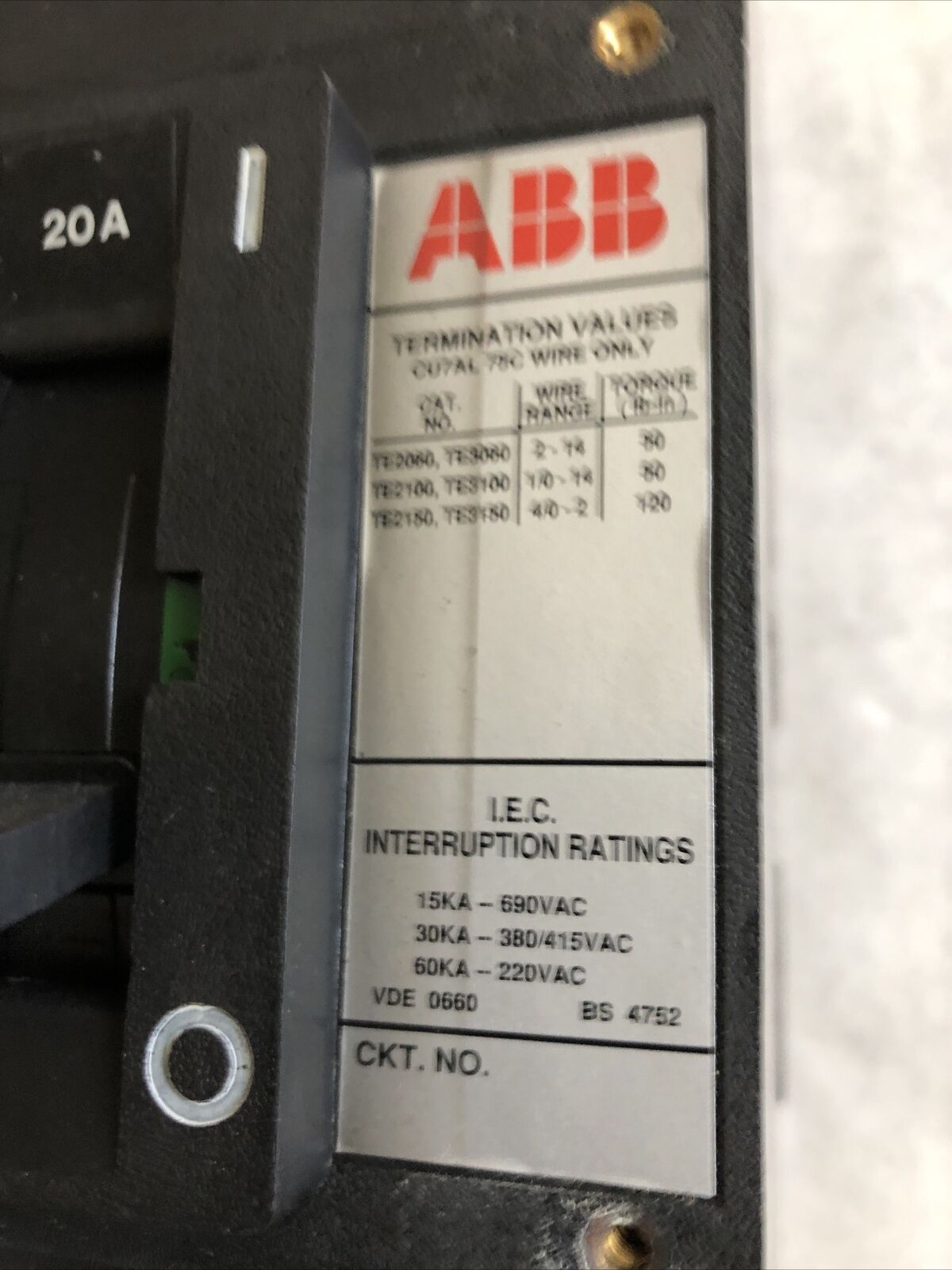 Abb Es,20A,Abb Mf726789,3P,As Lr90467 Cu7al,Uxab 727131 R 103 Circuit Breaker,Eb