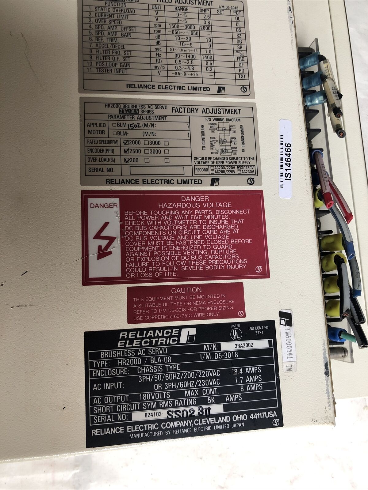 Reliance Electirc Hr2000/Bla-08,3Ra2002 Ac Servo Drive,Reliance Hr2000,180Vac,Fe