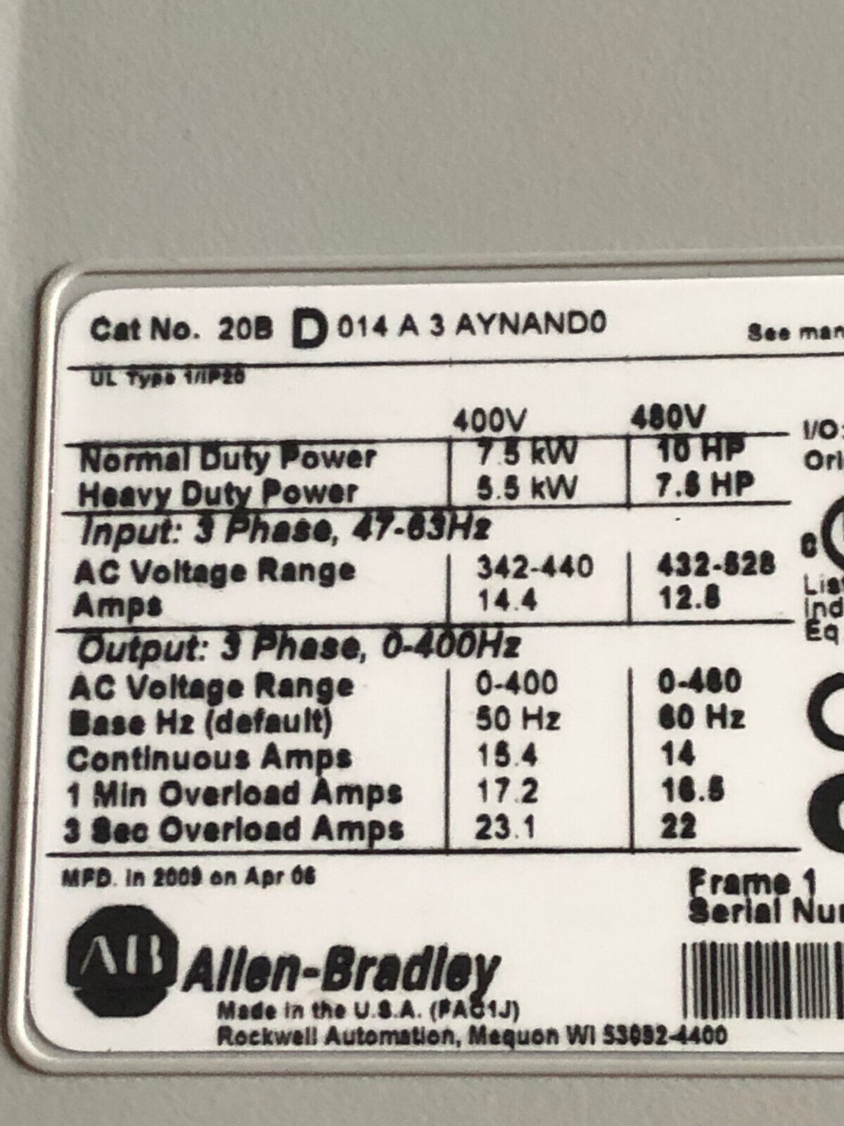 Allen Bradley 20B D014a3atnand0 Powerflex 700 Ac Drive Unit,20Bd014a3atnand0,An