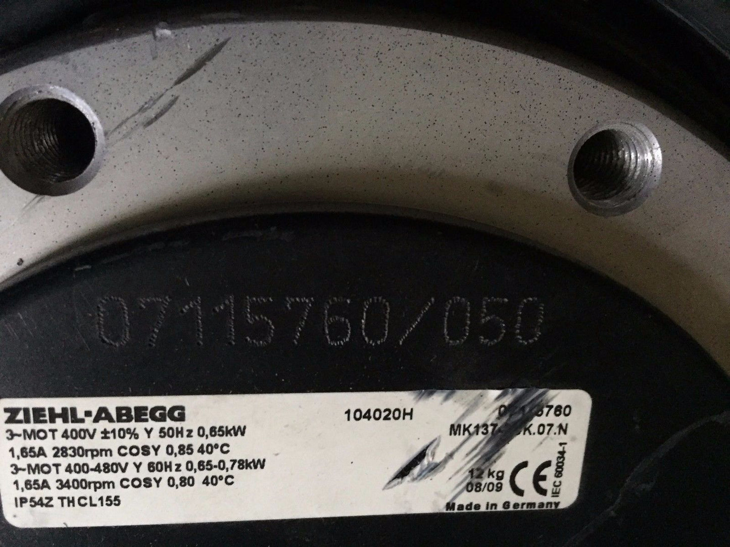 New Ziehl-Abegg 104020H,07115760/050 External Rotor Motor,0.78Kw,3Ph,400V,Bm