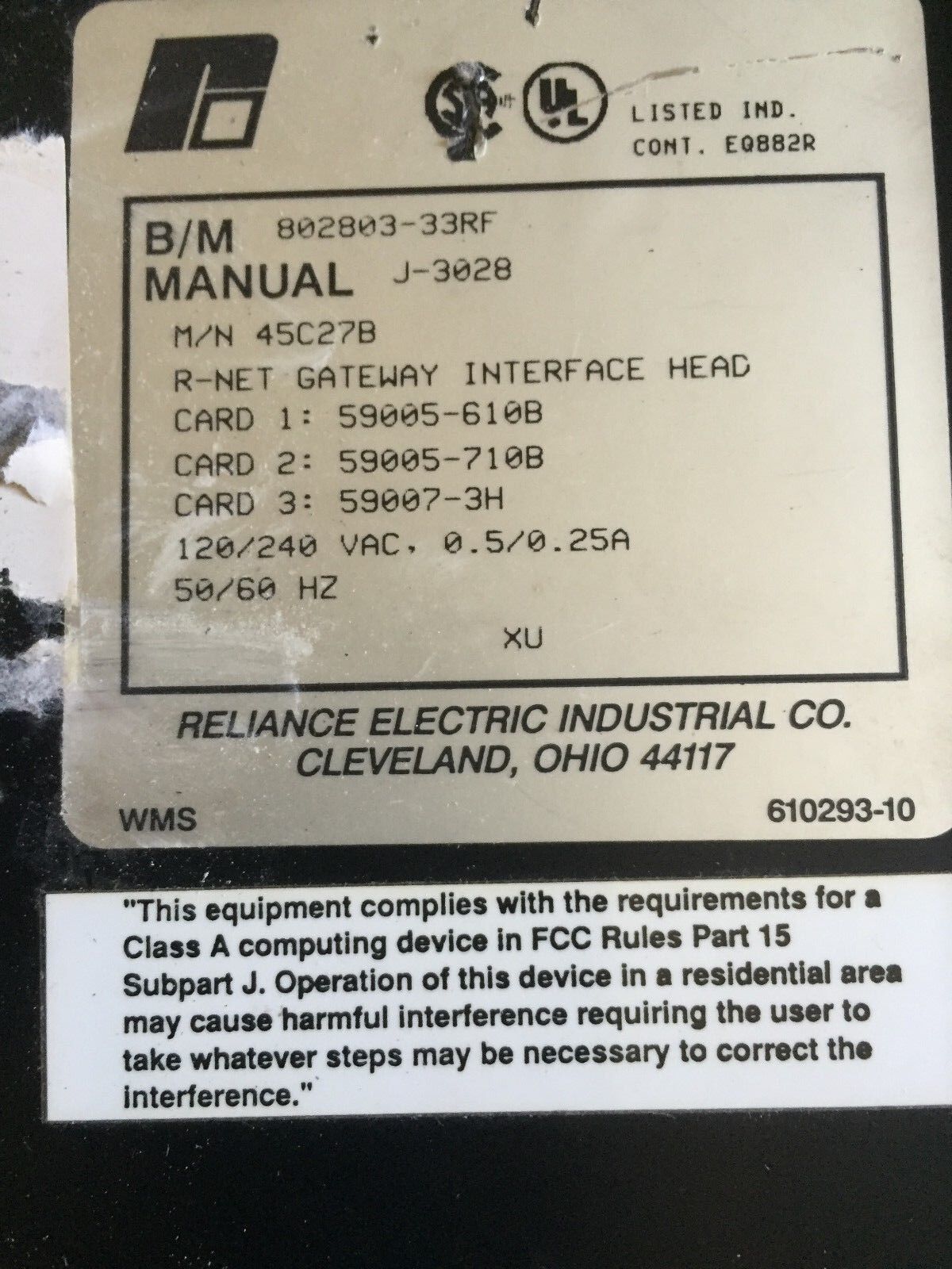 Reliance Electric 45C27b,802803-33Rf Communications.25A,120/240Vac,Bi,Ee