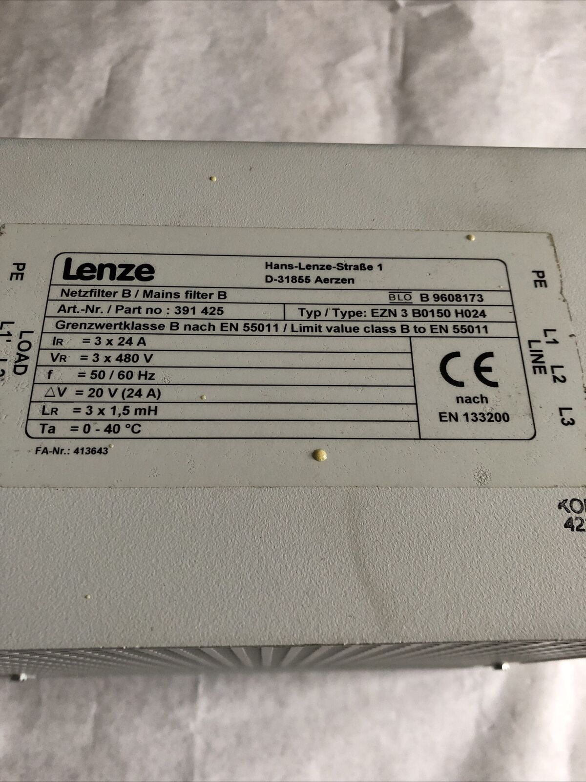 Lenze Ezn 3 B0150 H024,391 425,En 133200,D-31855 Aerzen Main Filter,Ap