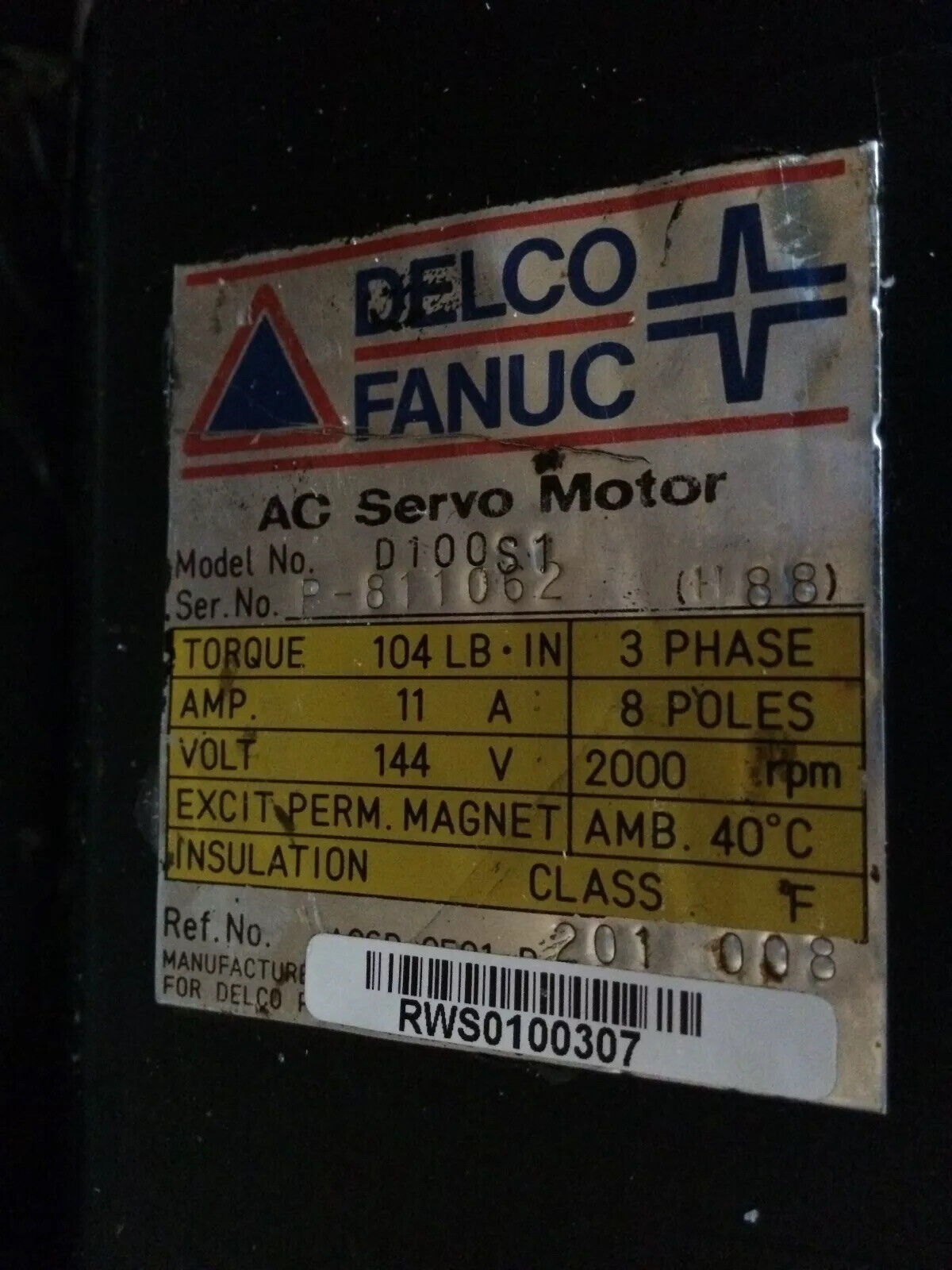 Delco D100s1 Fanuc D10061 Ac Servo Motor,11 A,144 V,2000 Rpm,A06b-0501-B 201,Ck