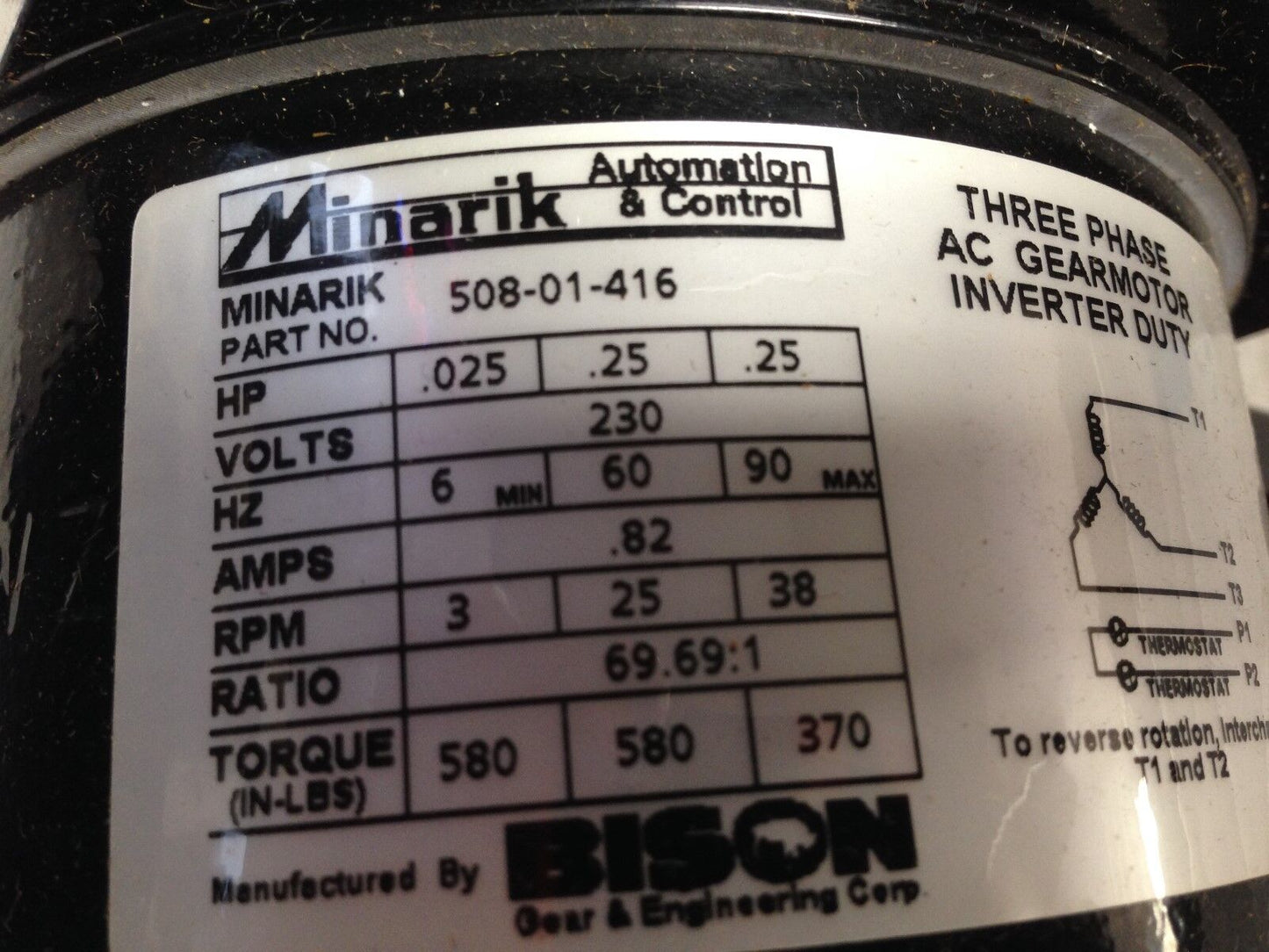 New Bison 508-01-416 Bison Gearmotor 230V 1/4Hp 0.82Amps Minarik,Tb