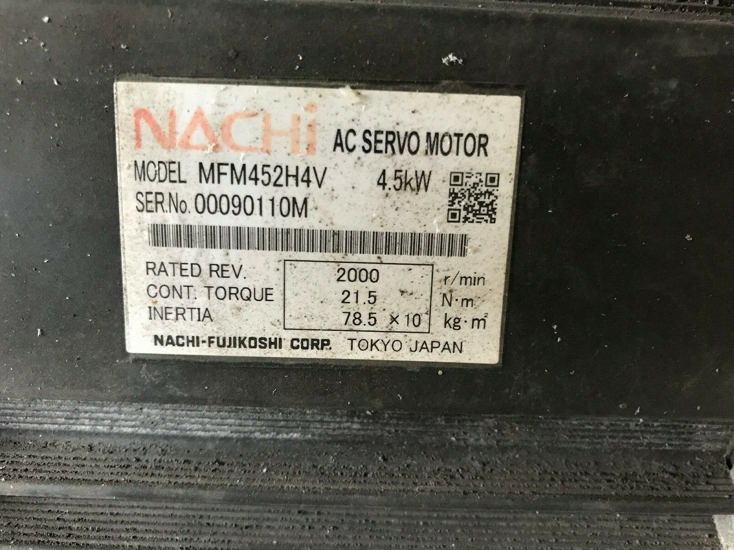 Nachi Mfm452h4v Ac Servo Motor. 4.5Kw, 2000Rpm, 21.5Nm,Sn