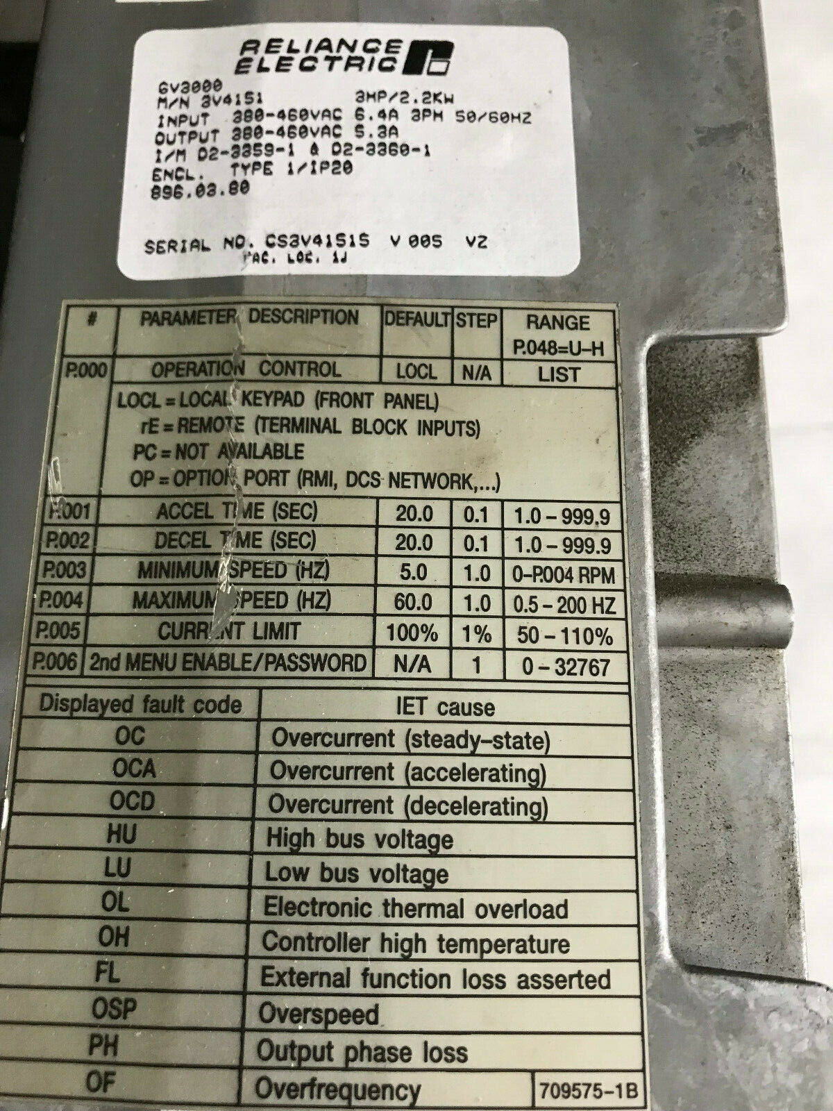 Reliance Electric 3V4151 Gv3000/Se Drive 3Hp 380/460V,Gv3000 3Hp/2.2Kw,Tf