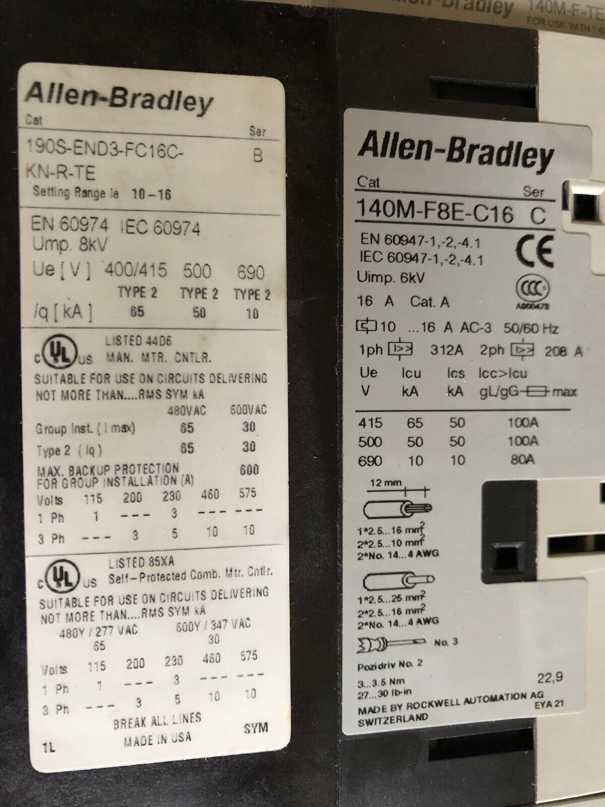 Allen Bradley 190S-End3-Fc16c-Kn-R-Te,140M-F8e 190S,100Fsc280 Compact Starter,Ay