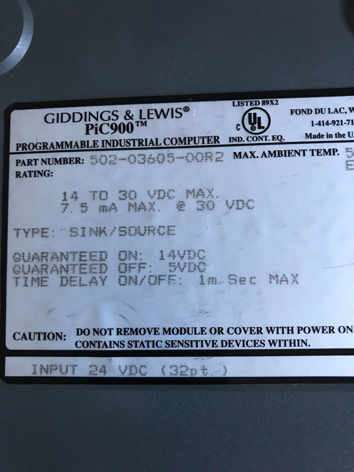 502-03605-00R2 Giddings & Lewis 24 Vdc Plc Input Module Programmable Computer,Et