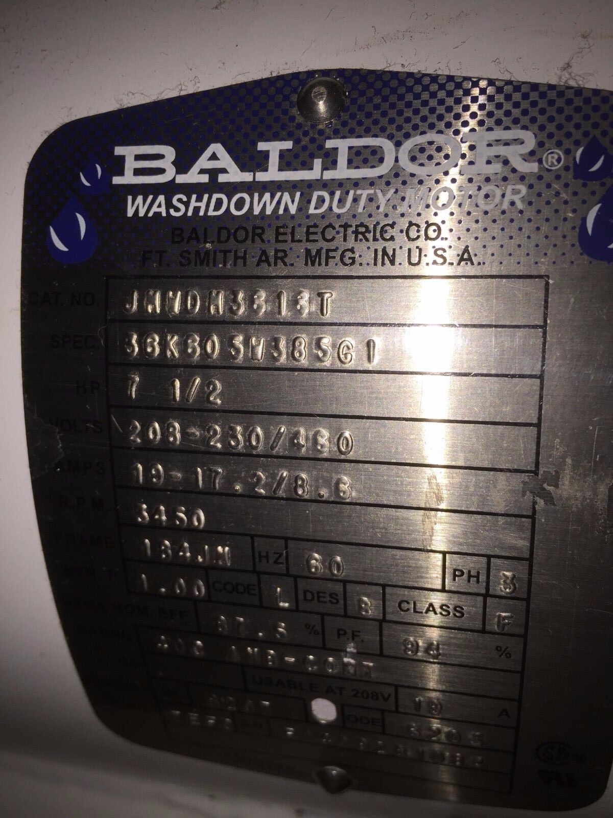 Baldor 36K80sw385g1,Jmwdm361xt,Balder Jhvdh3613t,7-1/2Hp Washdown Duty Motor,Al