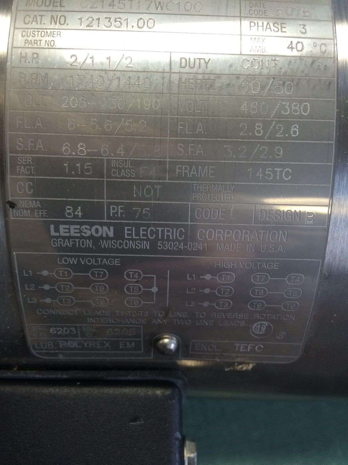 New Leeson Cz145t17wc10c Washguard Ii Regal 2Hp.1740Rpm.3Ph 121351.00. Ss,Bu
