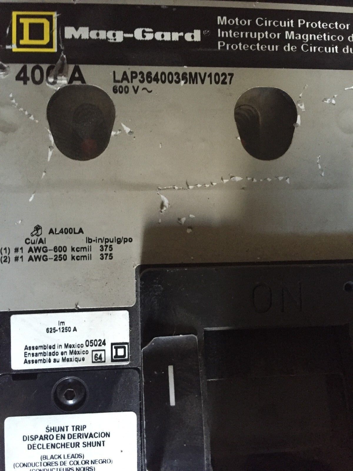 Square D Lap3640036mv1027,Mag-Gard 3 Pole 600V 400A Circuit Protector,400 A,Ap