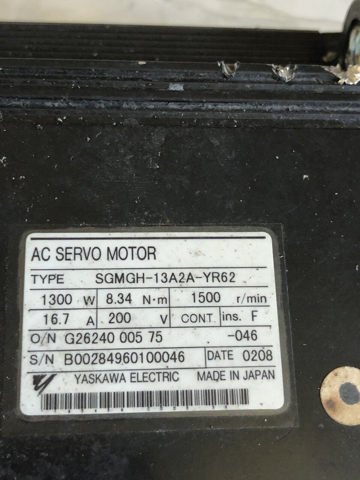 Yaskawa Sgmgh-13A2a-Yr62 Servo Motor,Rpm 1500Rpm,1300W,16.7A,Bt