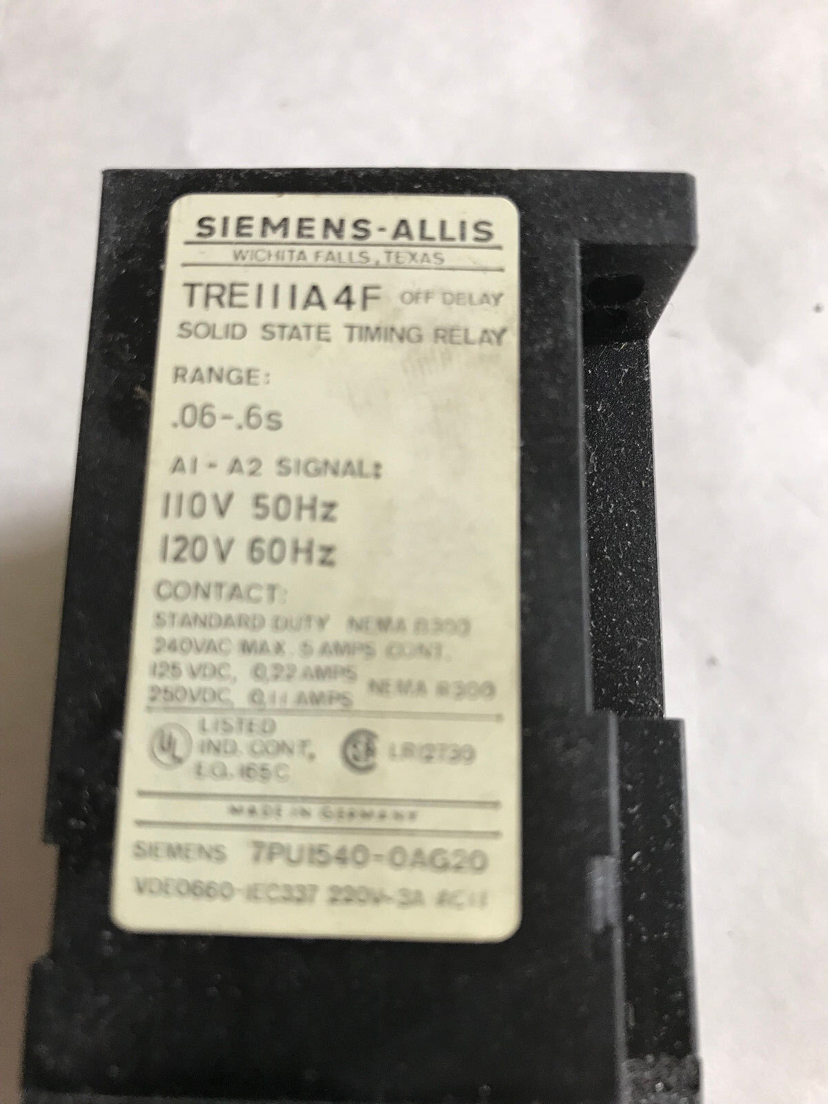 Siemens-Allis Tre111a4f Solid State Timing Relay .06-0.6S Offdelay .6S Treii,Sa