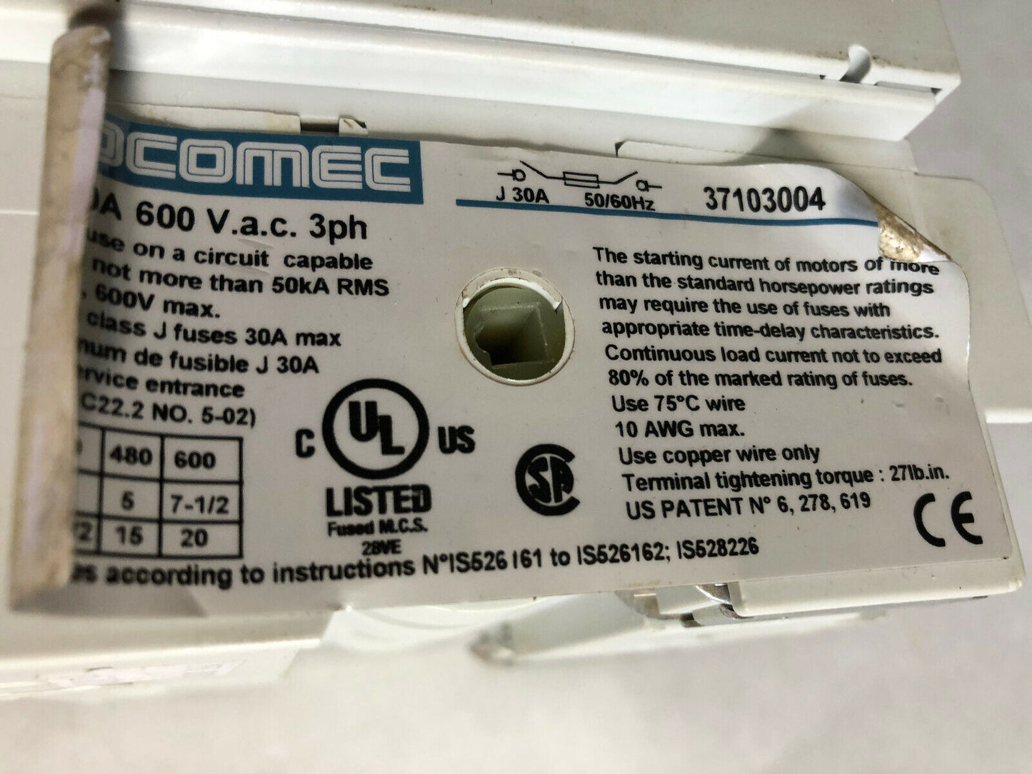 New Socomec Fuserbloc 37103004,Socomec J30a 37103004 Switch 30 Amp, 600V,3Ph,Am