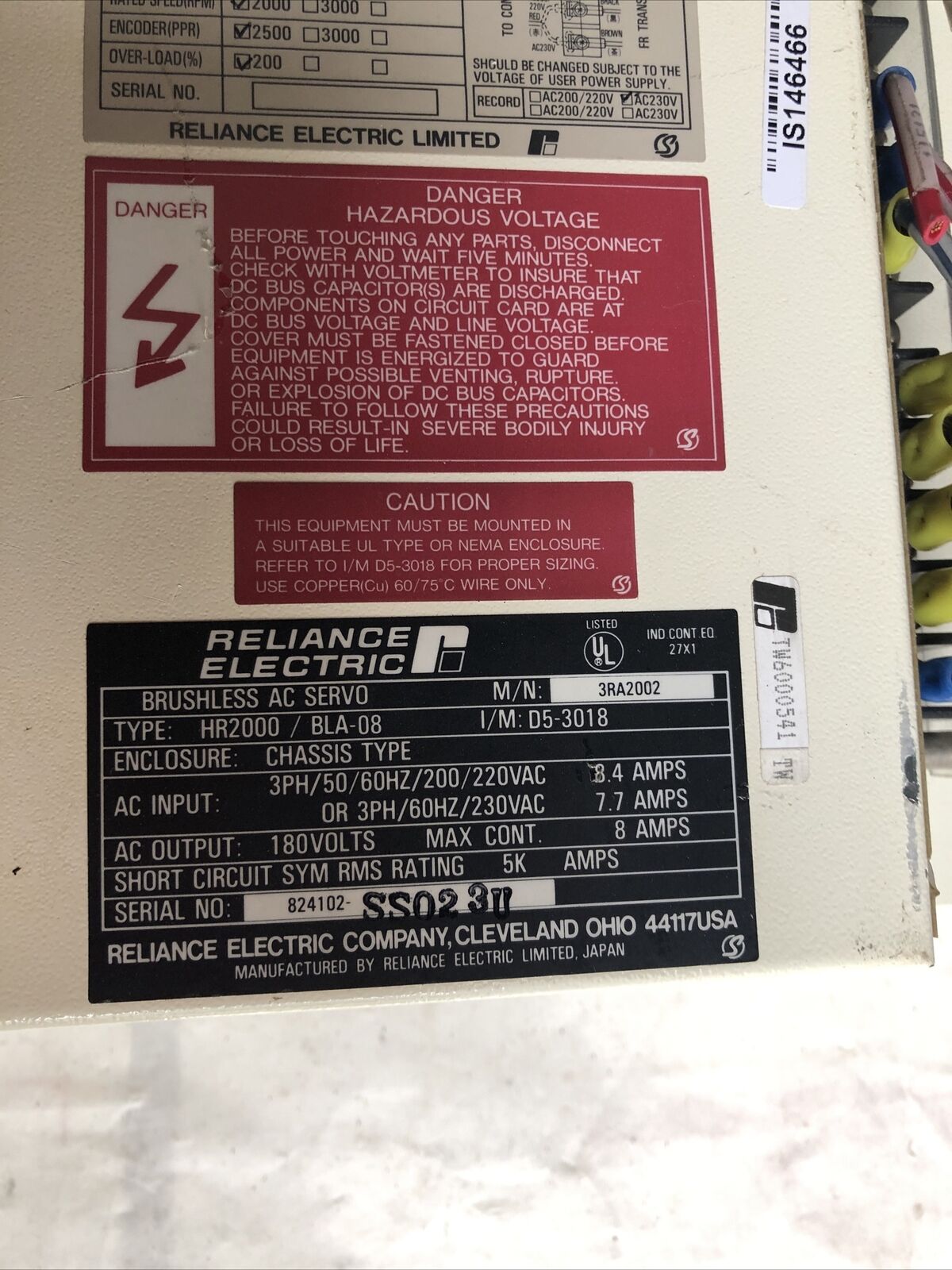 Reliance Electirc Hr2000/Bla-08,3Ra2002 Ac Servo Drive,Reliance Hr2000,180Vac,Fe