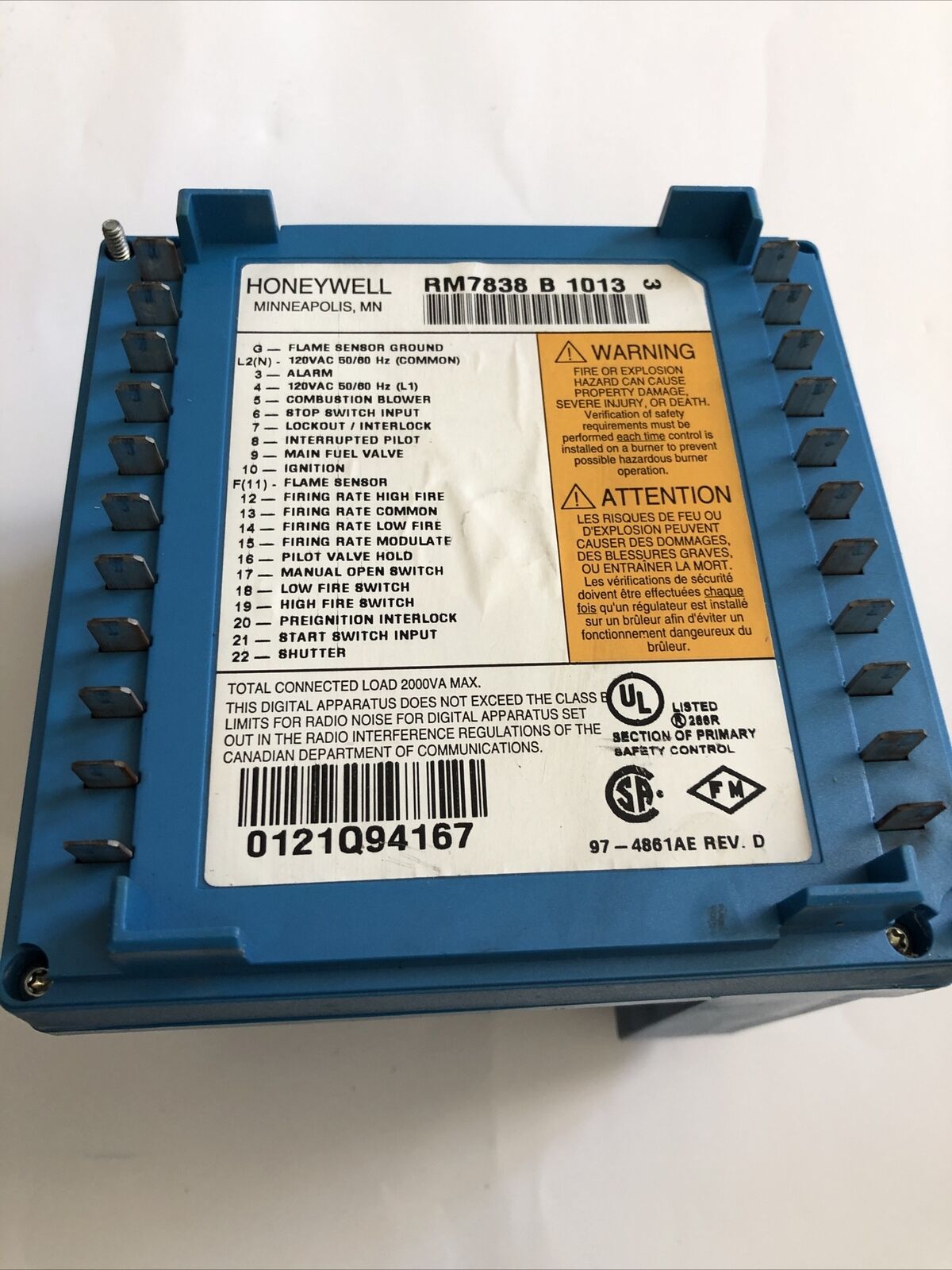 Honeywell Rm7838b1013 Burner Control,Rm7838 B 1013,(Excellent Condition!!!),Cw