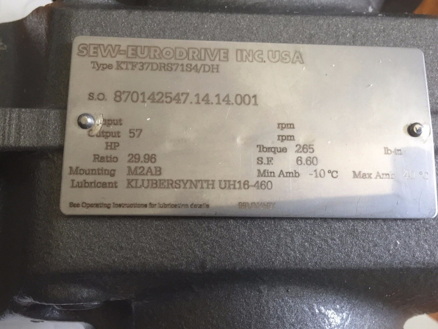 New Sew-Eurodrive Ktf37drs71s4/Dh Motor W/Gear Drive 1700Rpm .25Hp,Ed
