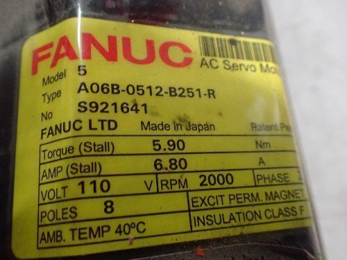 Fanuc A06b-0512-B251-R,Fanuc 5 Ac Servo Motor 110V 2000Rpm,Repaired,Bo