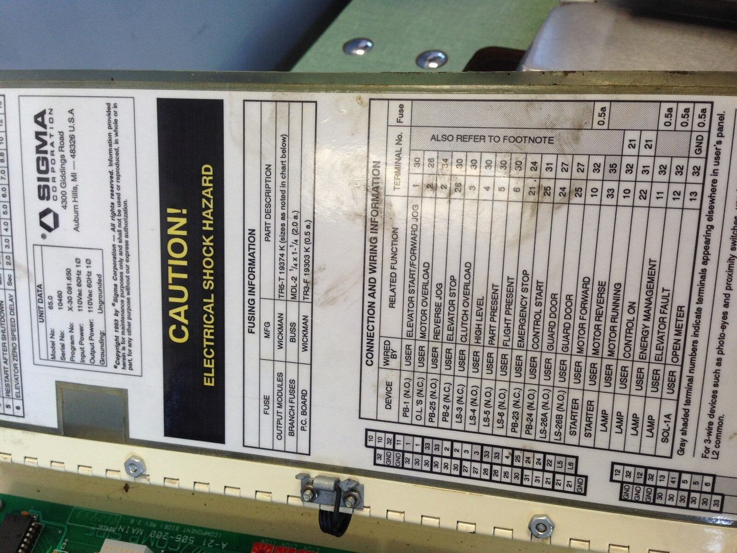 Sigma 65.0 Elevator Meter,110Vac,60Hz,1-Phase A-21 506-200,507-200 Main,Dg