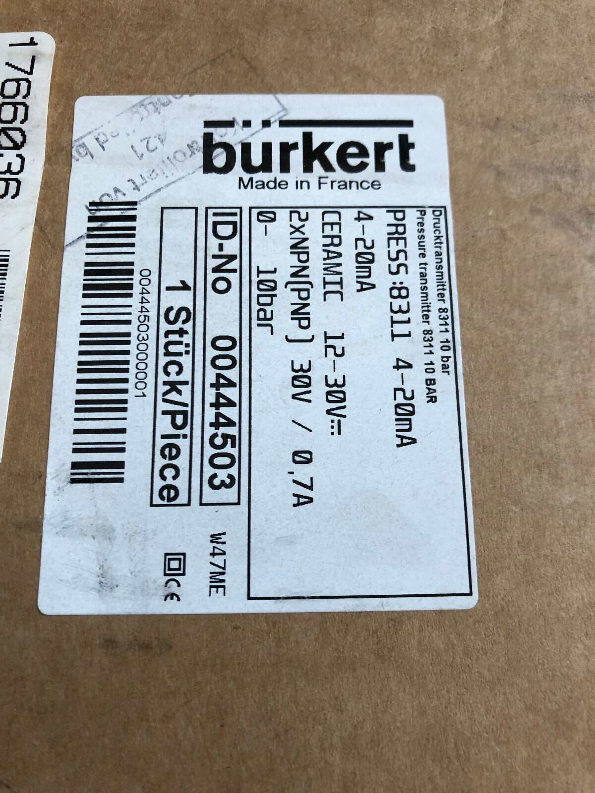 New Burkert 00444503 Pressure Transmitter. 4-20Ma Ceramic 0-10Bar,Ct
