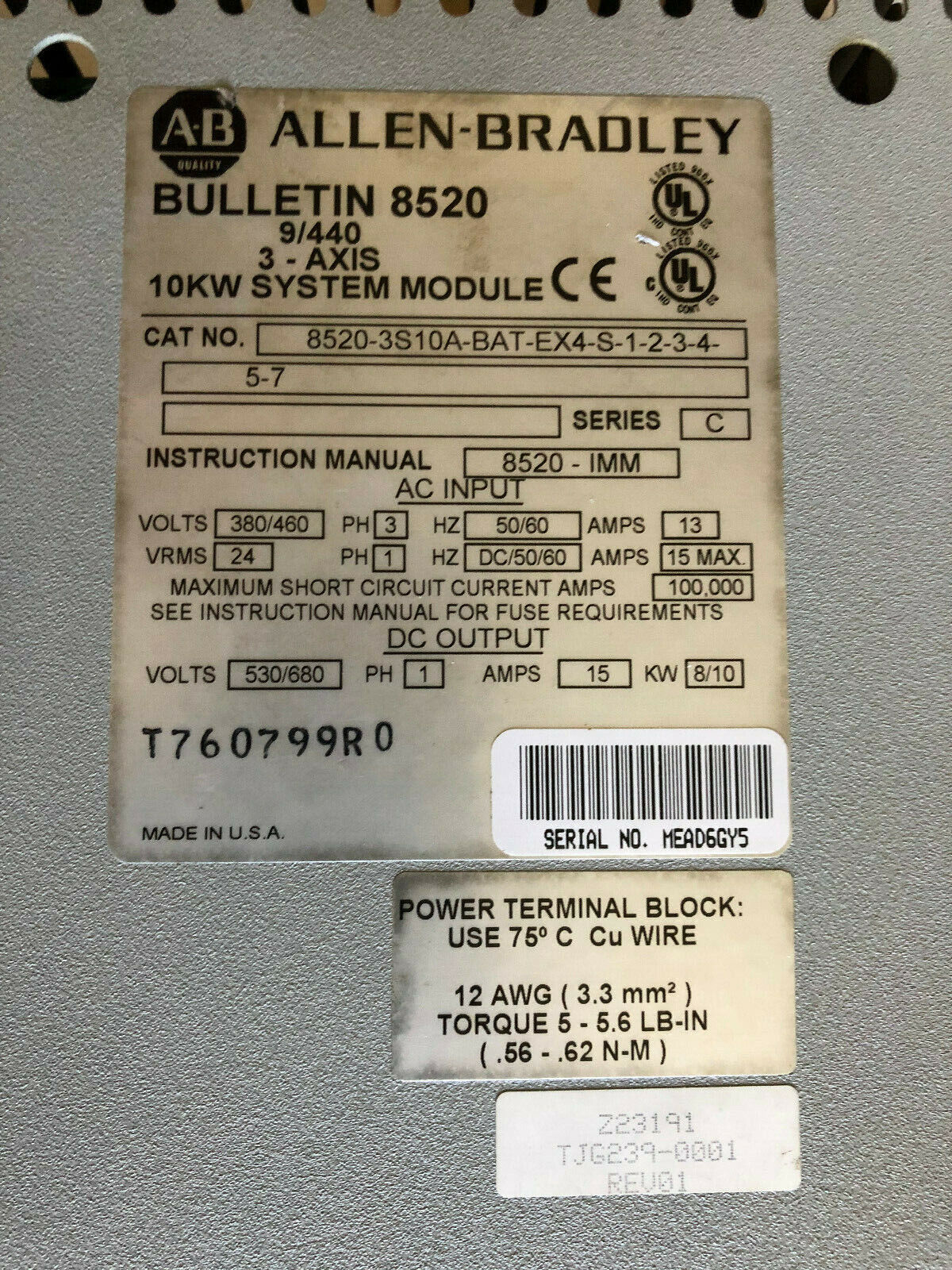 Allen Bradley 8520-3S10a-Bat-Ex4-S-1-2-3-4-5-7,85203Apa1,10Kw Servo Drive,Bo