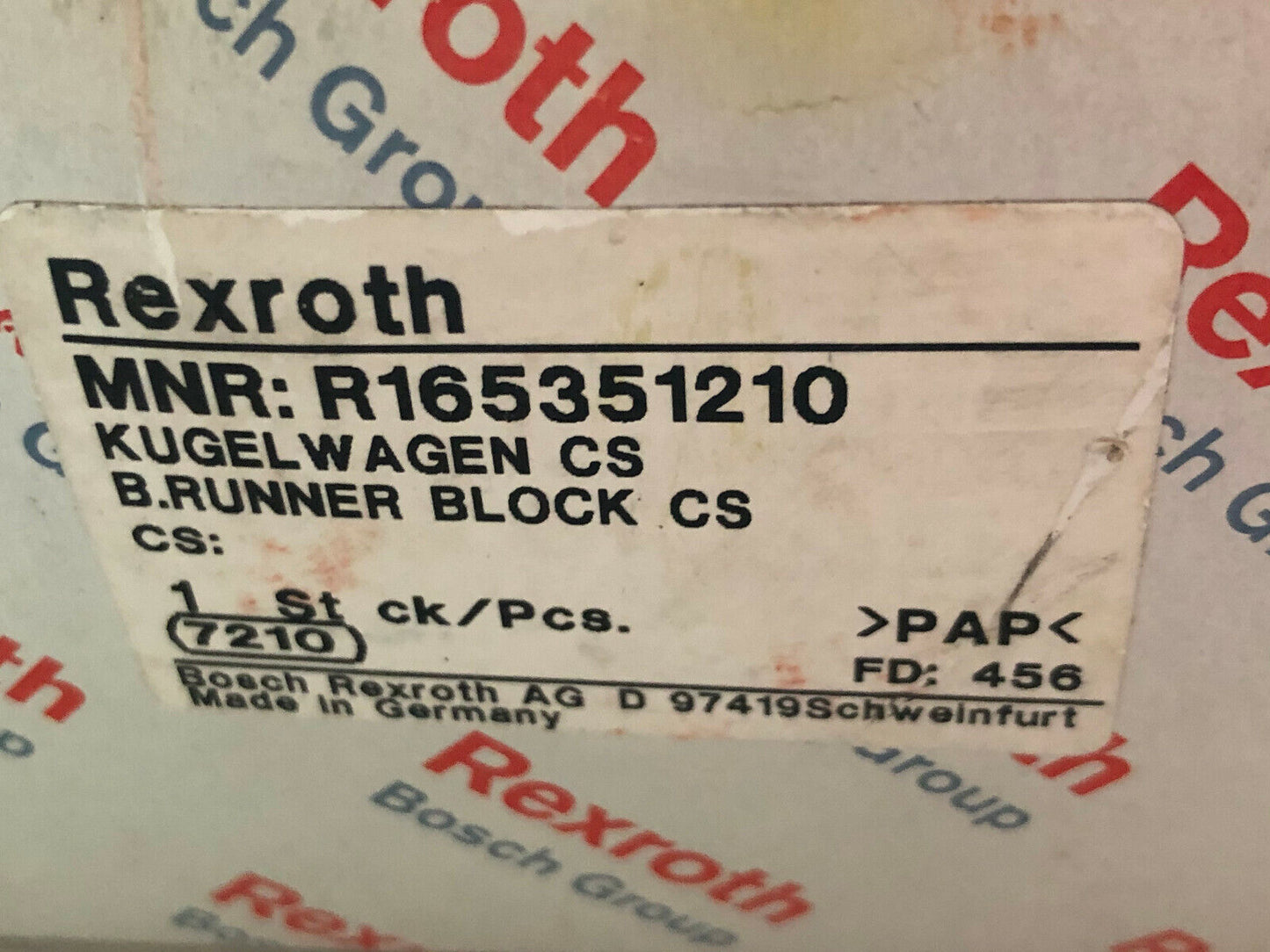 New Rexroth R165351210 45629 (7210) Roller Rail Runner Block,Ex