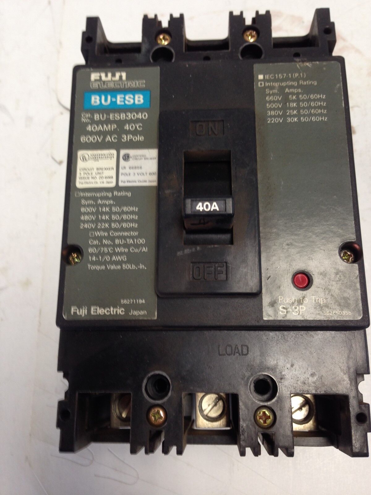 Fuji Electric Bu-Esb Circuit Breaker, Bu-Esb3040, 40 Amp, 600V Ac, 3 P,Di