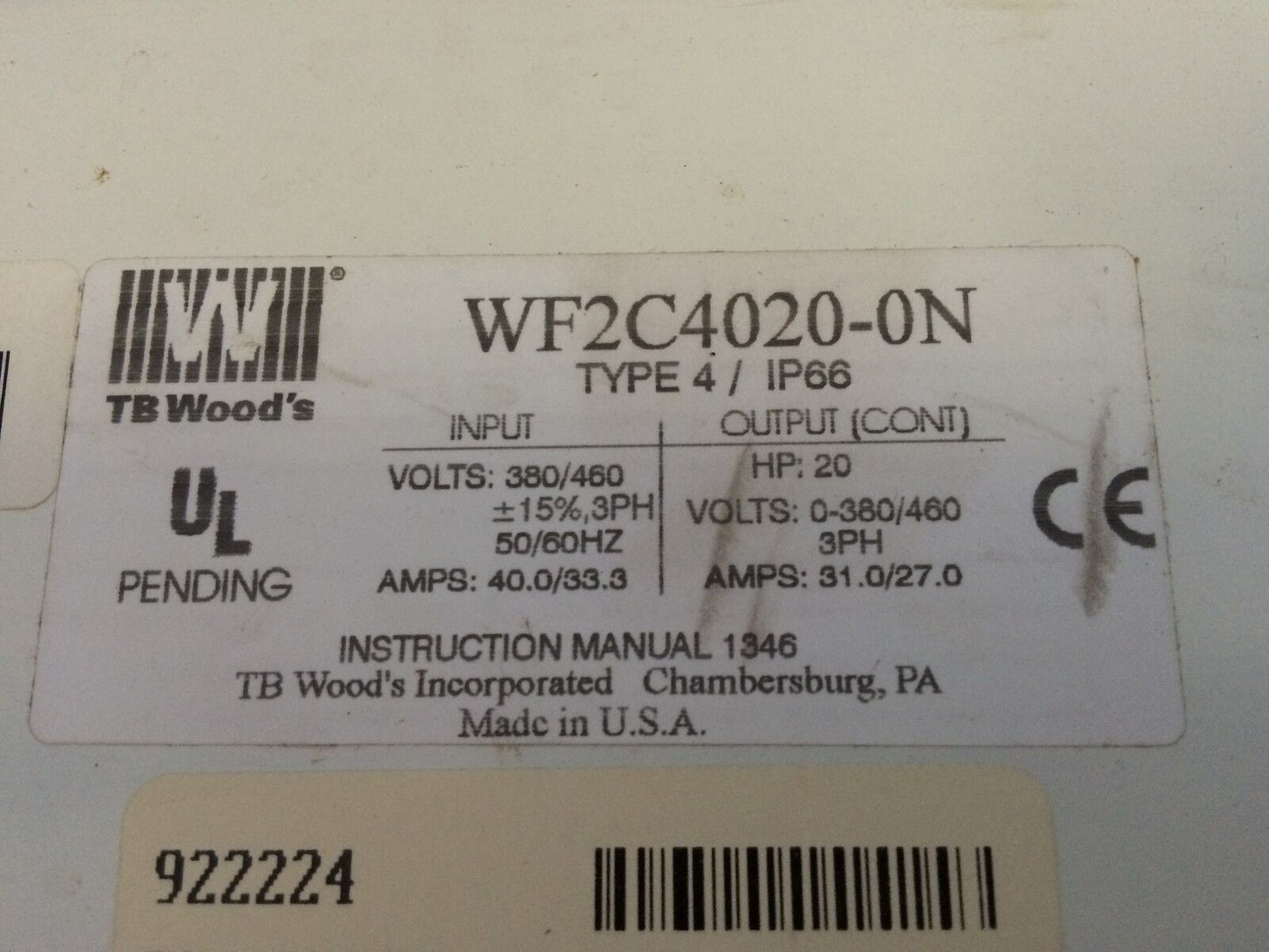 Tb Woods Wf2c4020-0N Drive Ac Sensorless Vector 20Hp 460V 3Phase Wf2c4020-On,De