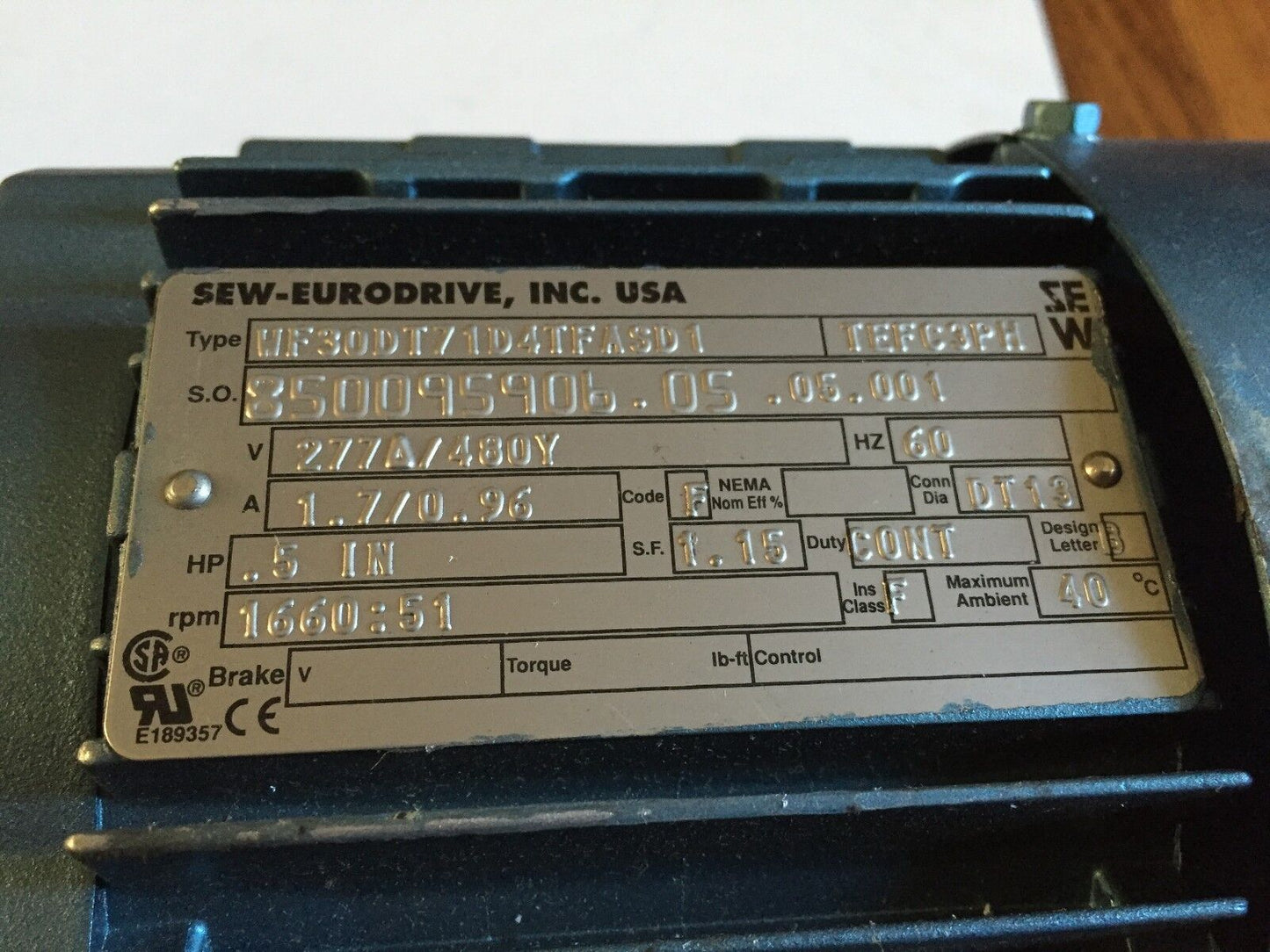 New Sew-Eurodrive Wf30dt71d4tfasd1,Tefc3ph Motor, .5Hp,1660:51Rpm 277/480V,Br