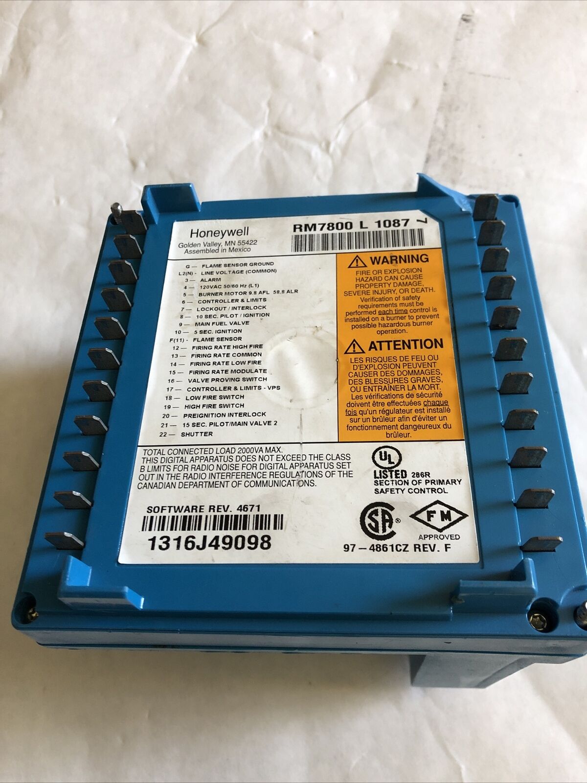 Honeywell Rm7800 L 1087 Burner Primary Controller Rm7800l1087,Rm7800l 1087,Et,Er
