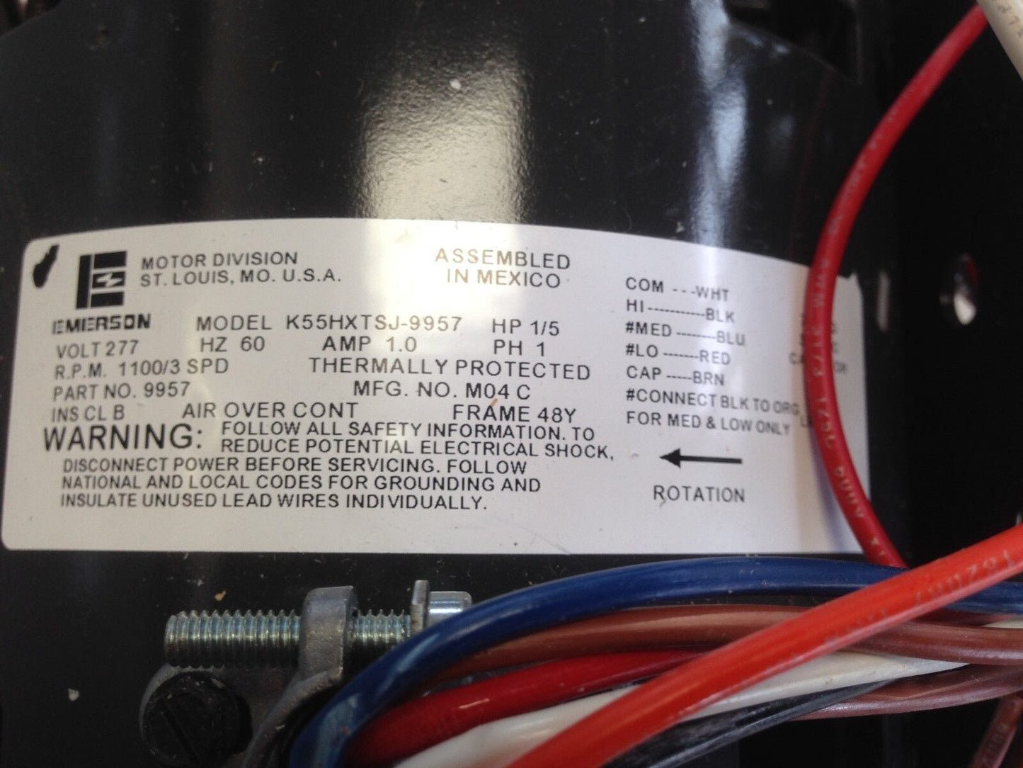 Emerson K55hxtsj-9957 Motor Double Shaft 1.0Amp 277V 1/5Hp 48Frame 3Spee,Df