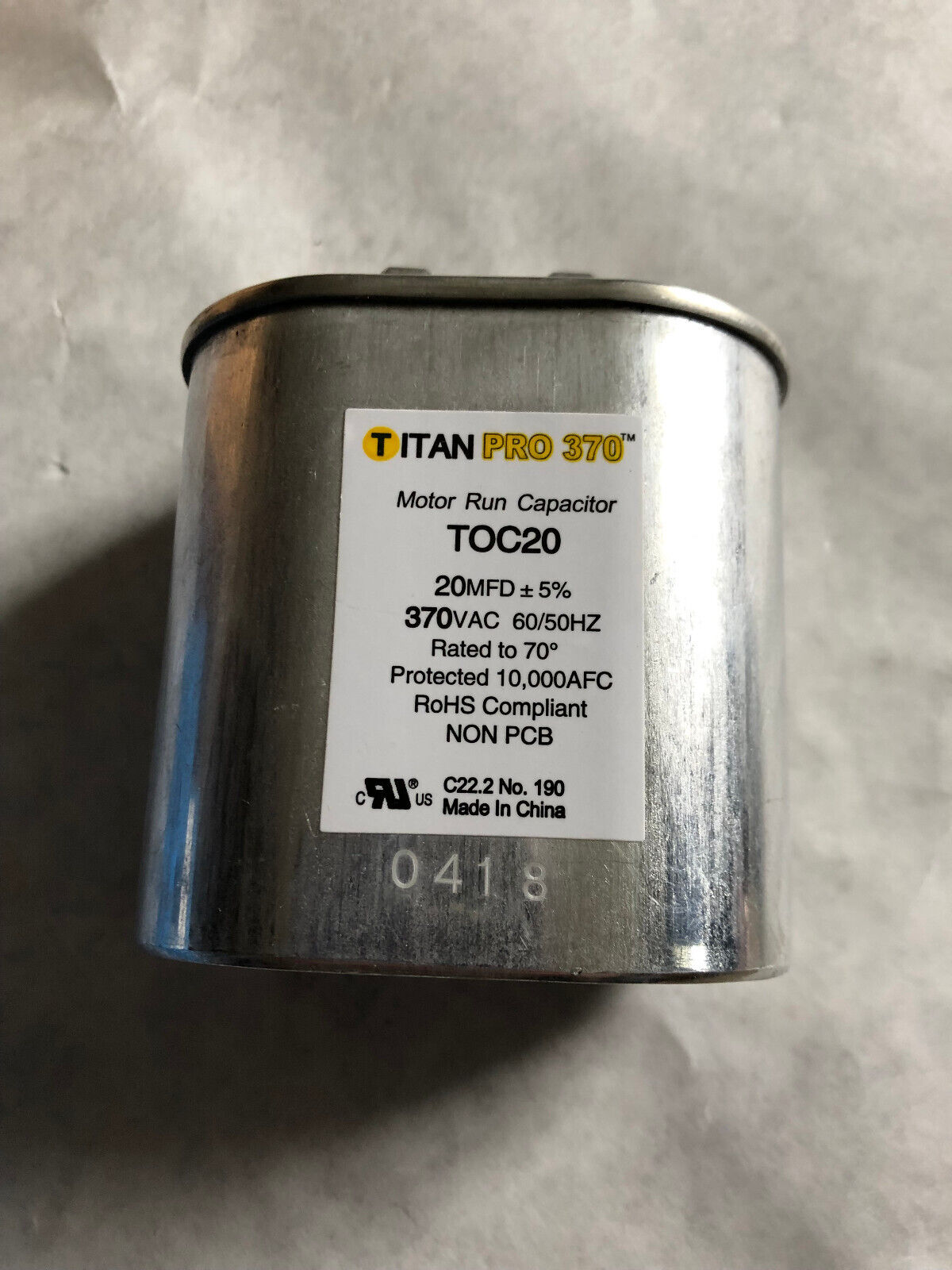 New Titan Pro 370 Toc20 Motor Run Capacitors 20 Mfd 370 Vac,Oval Shape,T0c20,Bv