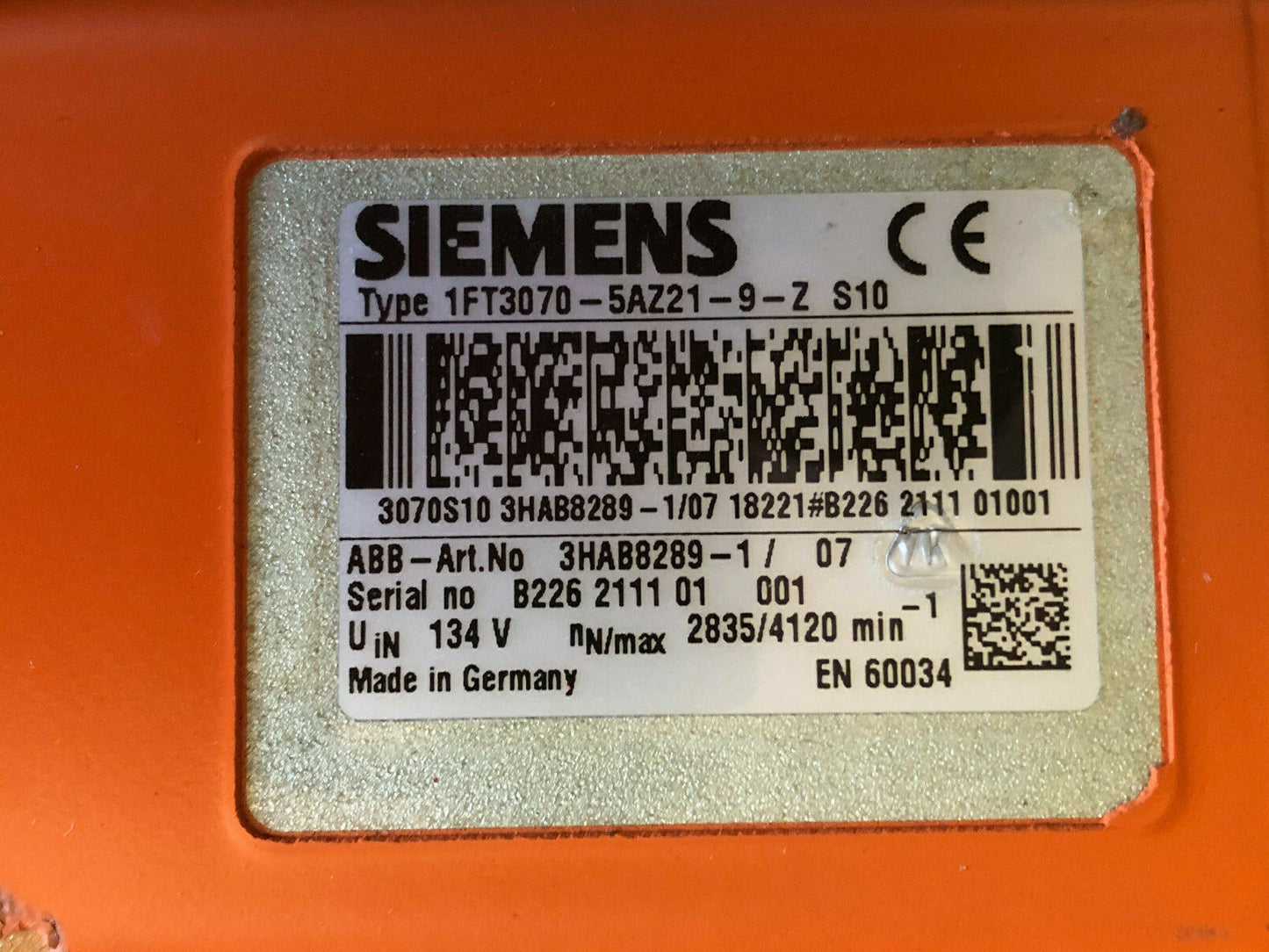 Siemens 1Ft3070-5Az21-9-Z S10 Servo Motor,2835/4120Rpm,3Hab289-1/07,0533-6T06,Az