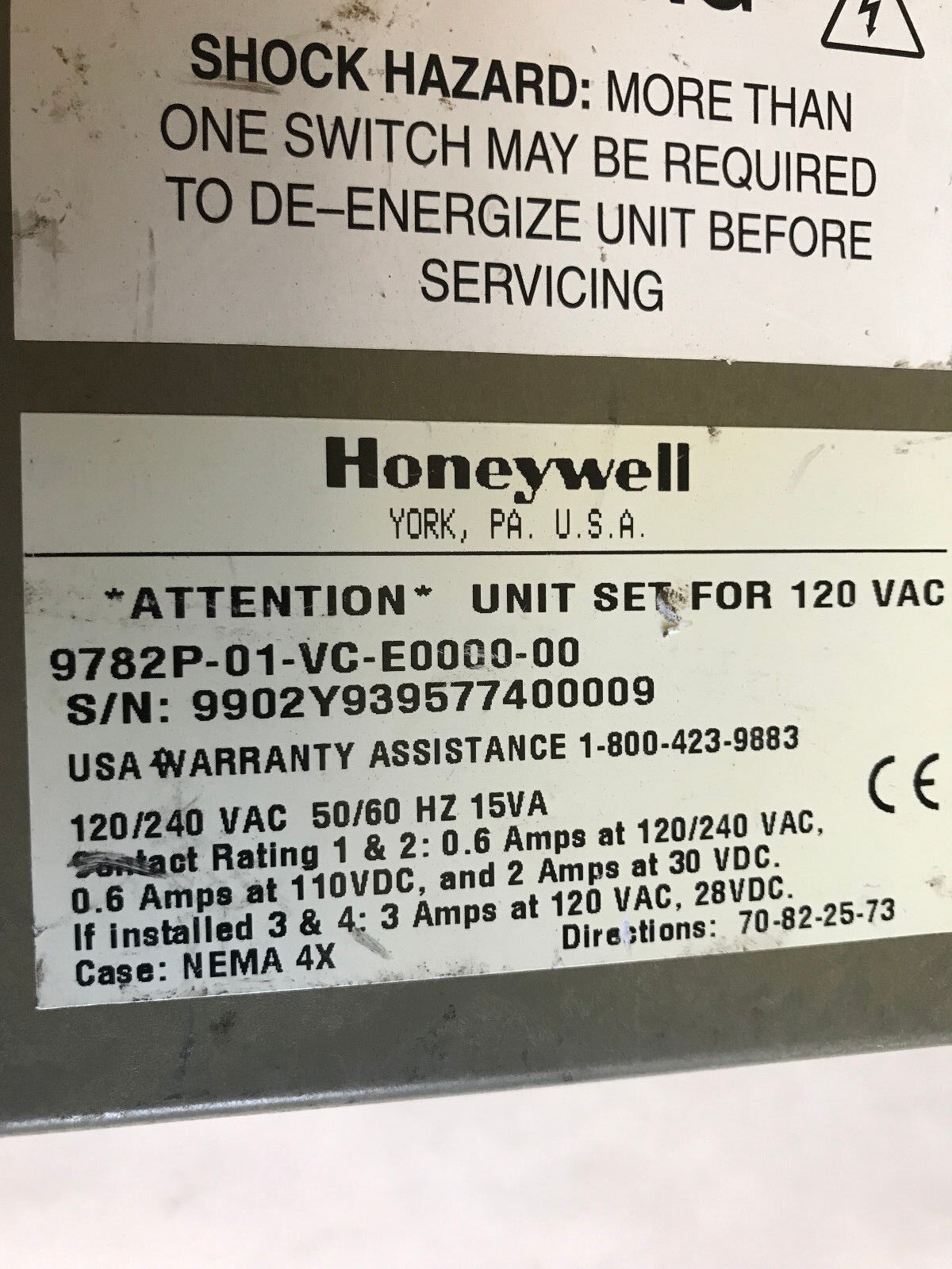 Honeywell 9782P-01-Vc-E0000-00 Temperature Controller 120/240Vac 50/60Hz 15Va,Sh