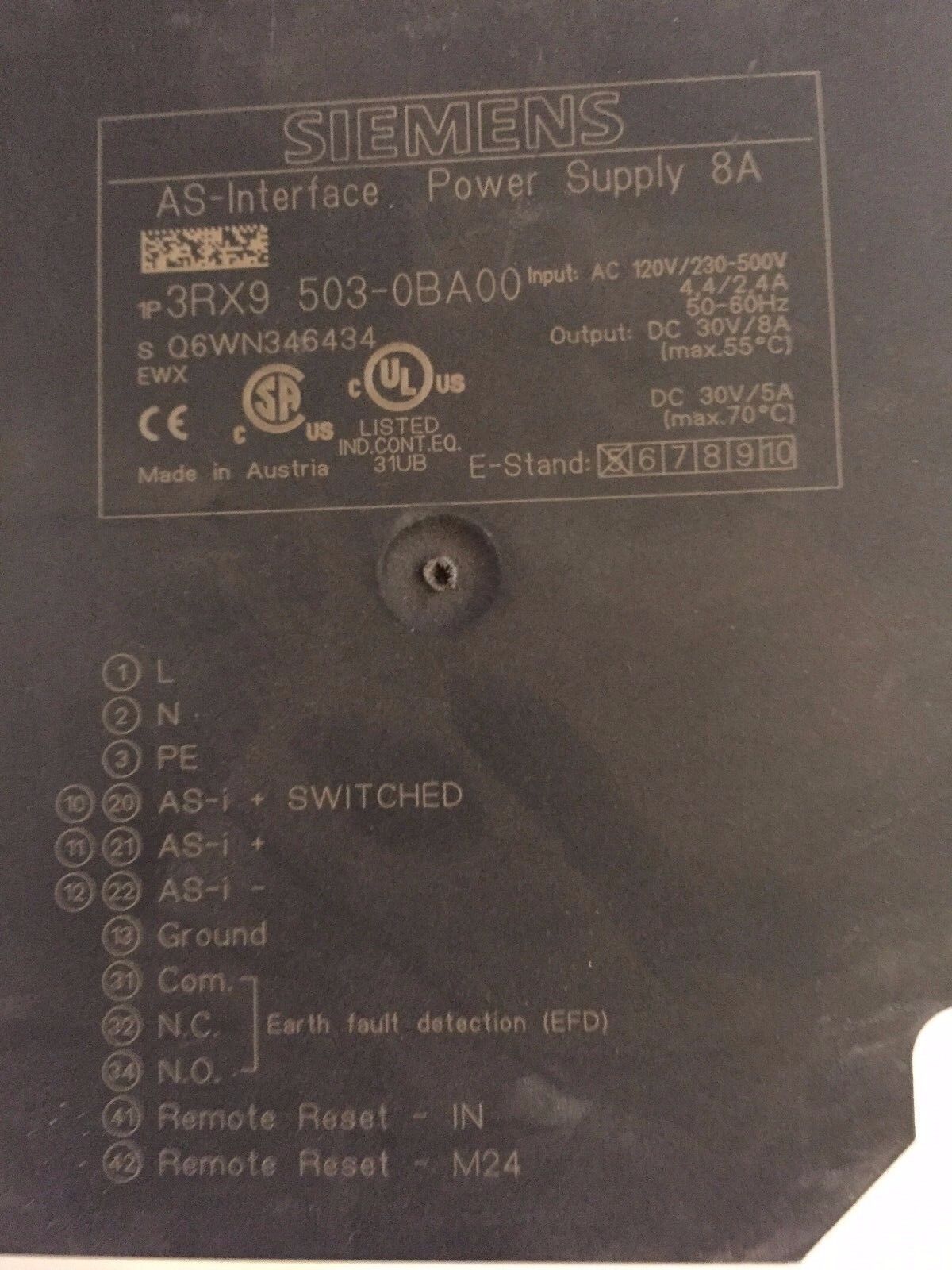 Siemens 3Rx9 503-0Ba00,63801,As-Interface,8A Power Supply,3Rx9 503-Obaoo,Co