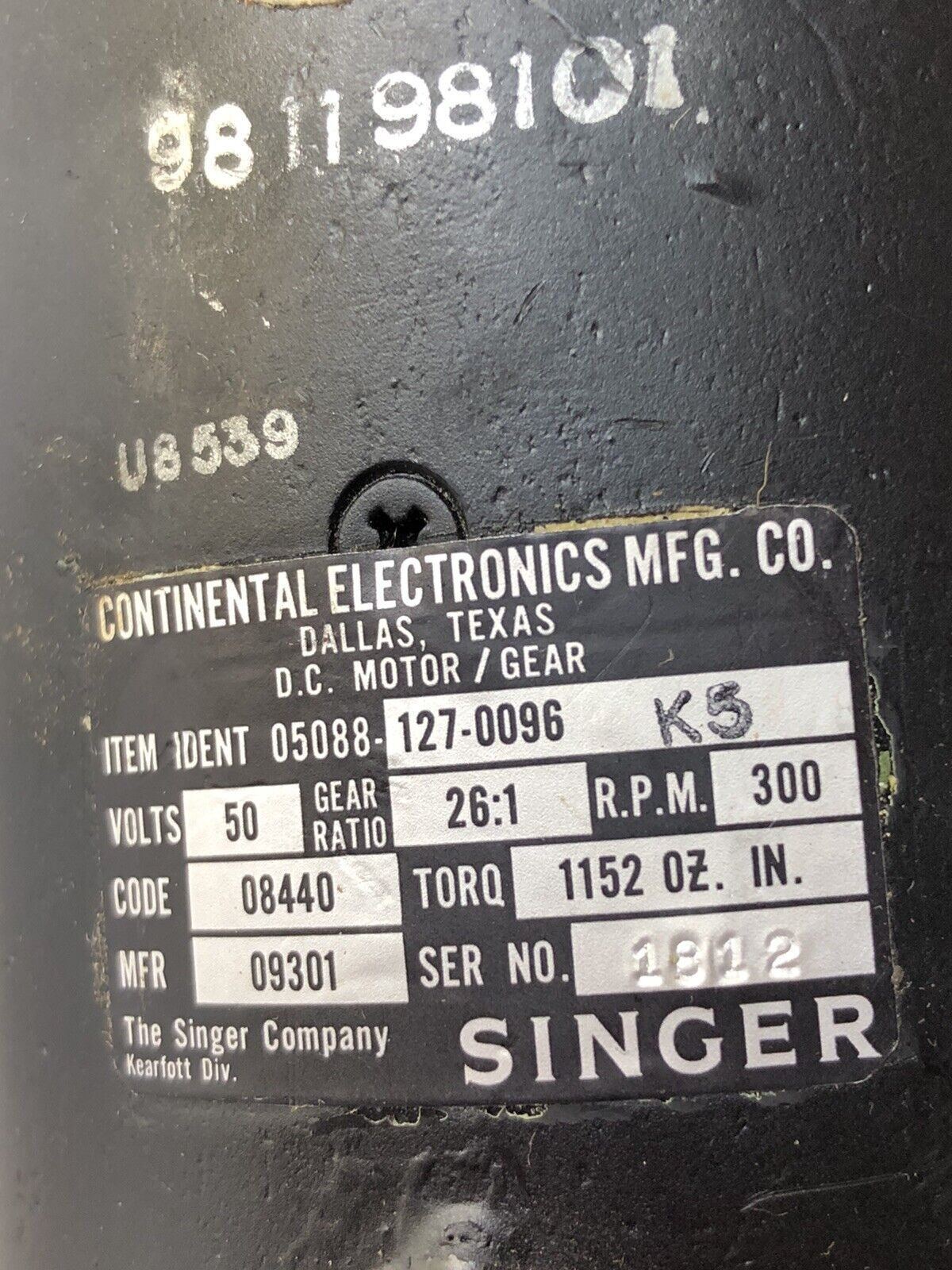 Singer 05088-127-0096 Dc Gearmotor, 26:1 Ratio,981198101,50 Vdc, 300 Rpm,Dl