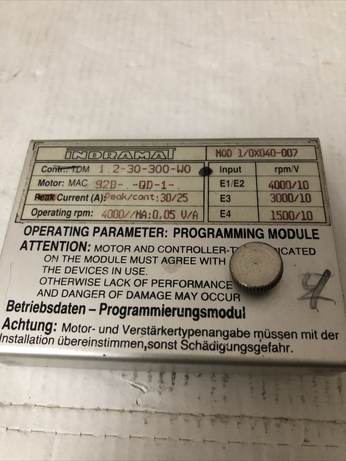 Indramat 1/0X040-007 Programming Module Tdm 1.2-30-300-W0,Cv