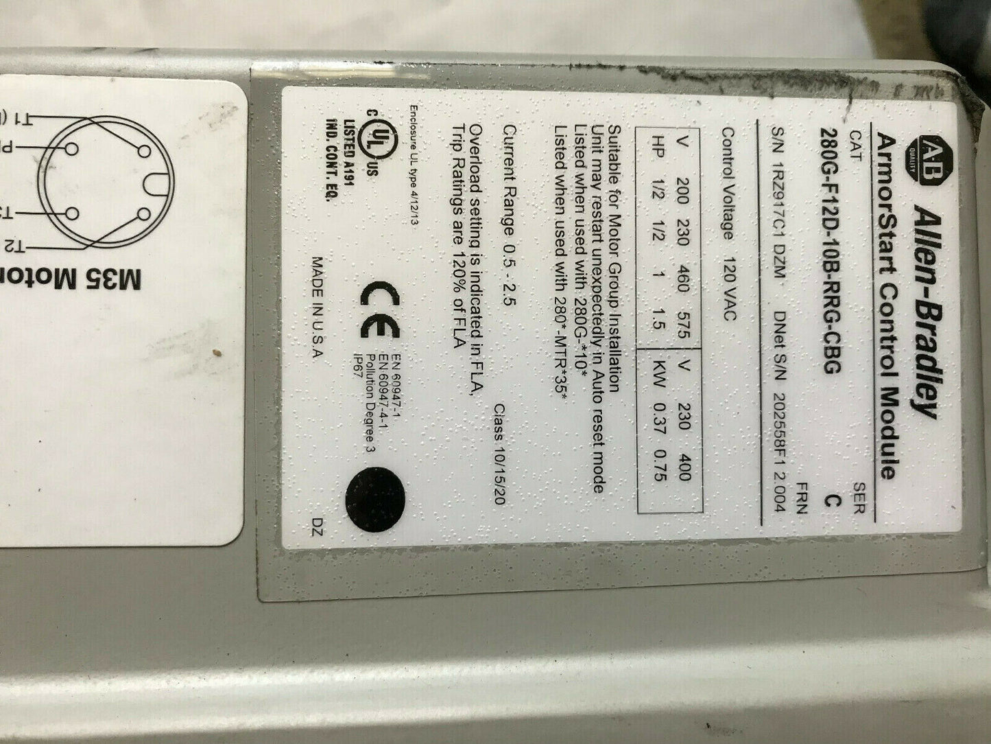 Allen Bradley 280G-F12d-10B-Rrg-Cbg Armorstart Control Module Base,280Gfn10,Thrg