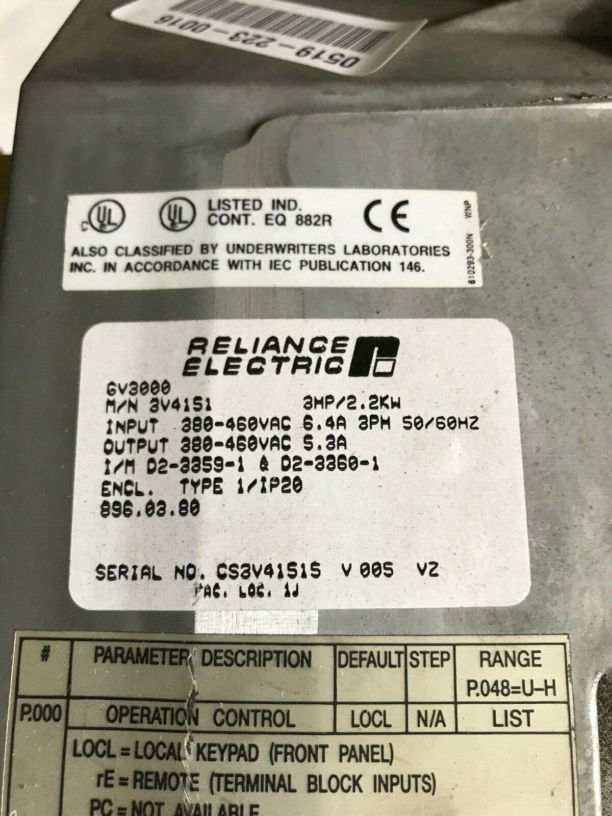 Reliance Electric 3V4151 Gv3000/Se Drive 3Hp 380/460V,Gv3000 3Hp/2.2Kw,Tf