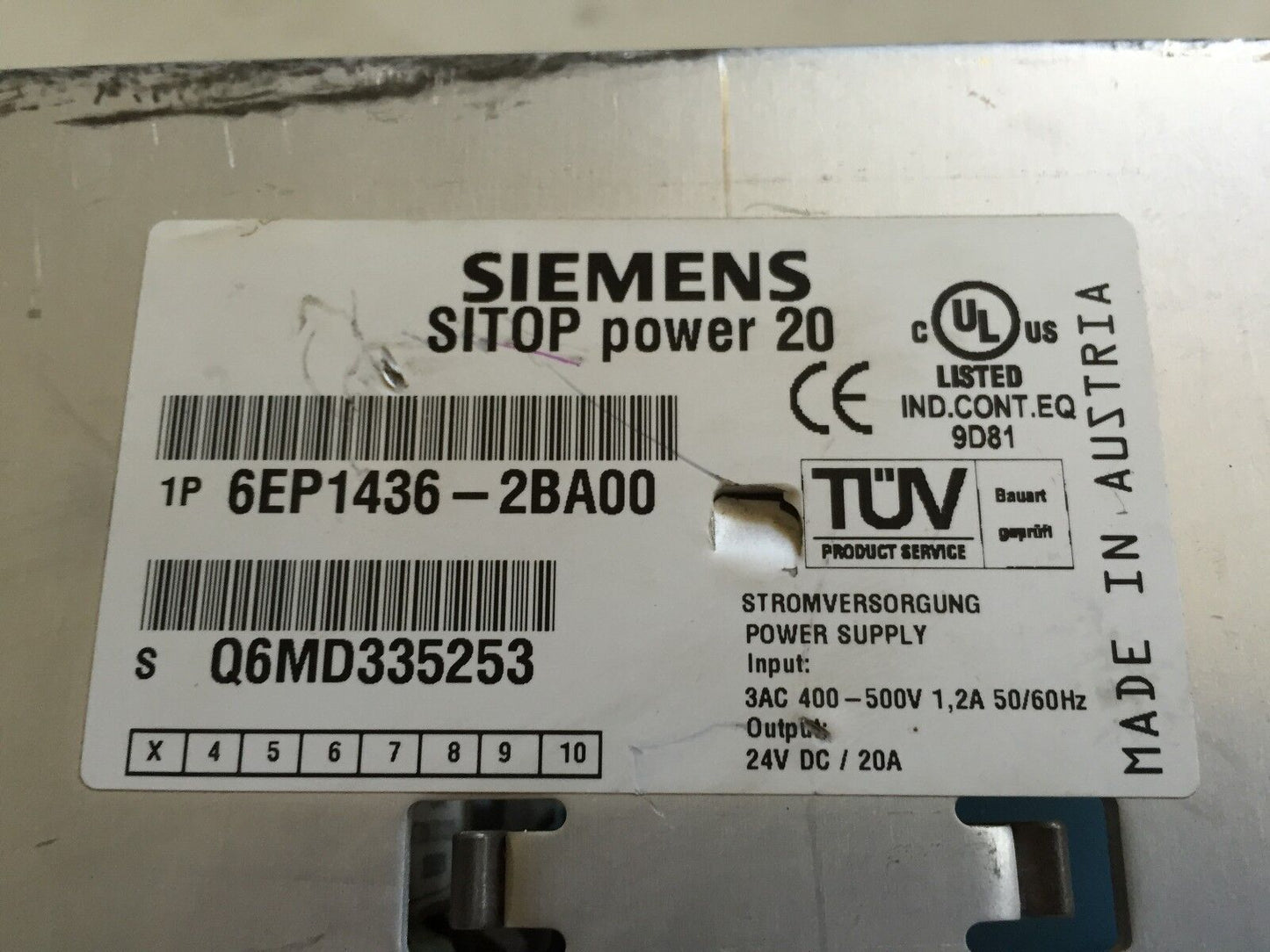 Siemens 6Ep1436-2Ba00,Sitop 20 Power Supply 20A,24Vdc W/O Front Case,Td