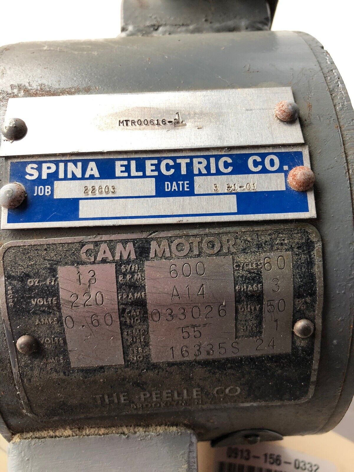 Spina 22803,Mtr00616-1, Spina Mtr00616-2,Peelle 033026 Cam Motor,220Vac,3Ph,Eg