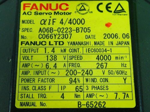 Fanuc A06b-0223-B705 Ac Servo Motor,1.4 Kw,138V,3Ph,Aif 4/4000,A860-2010-T341,Tf