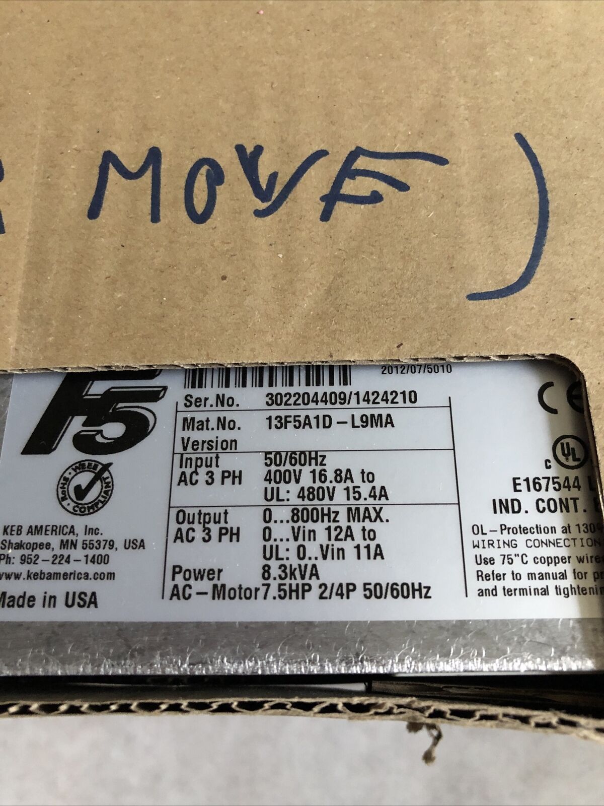 New Keb 13F5a1d-L9ma Combivert F5 Drive Power 8.3Kva Ac 7.5Hp 2/4P ,Dg
