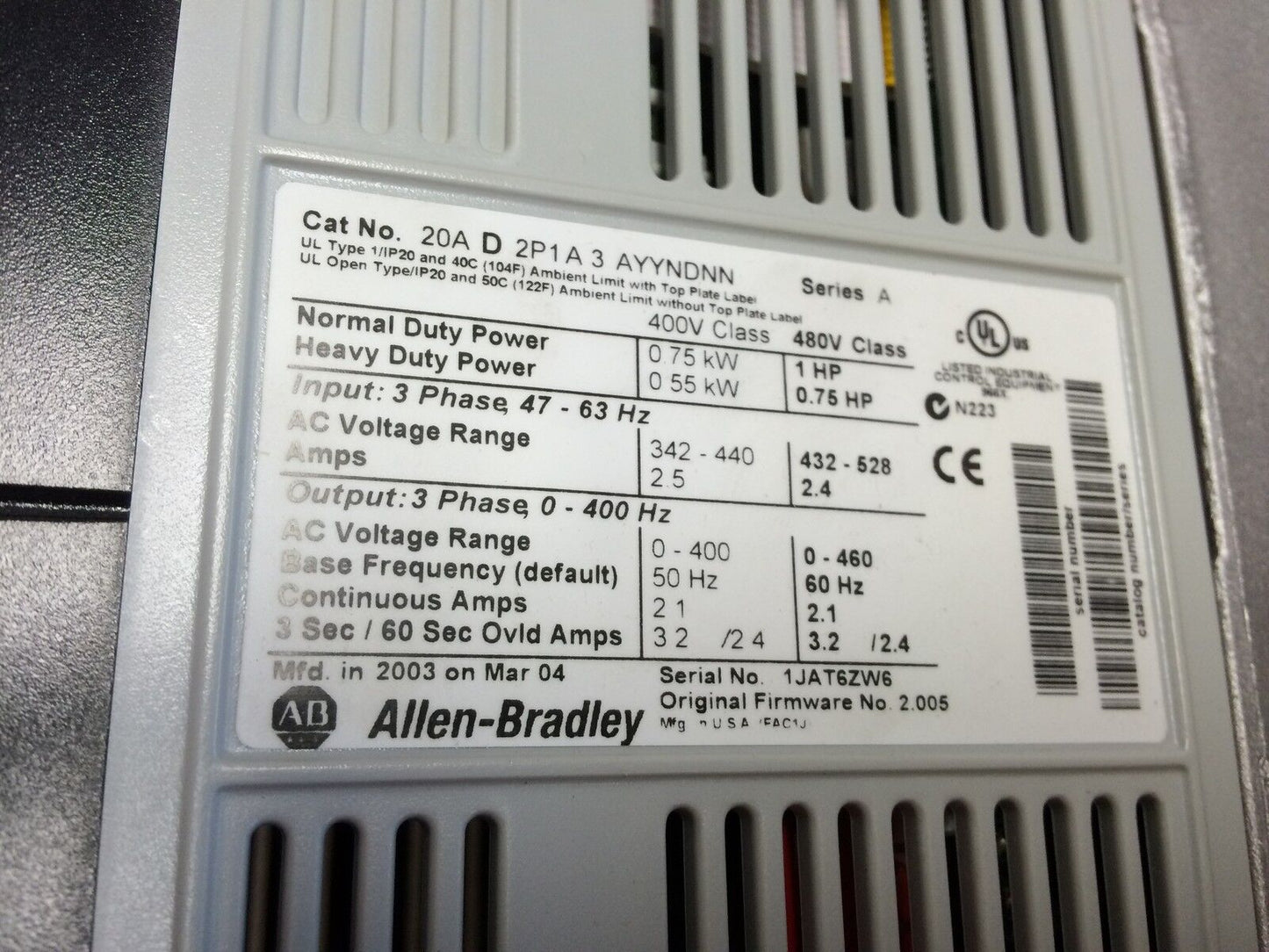 New Allen Bradley Pf70, Ac Drive,Powerflex 70, 3 Ph, 20A D 2P1a 3 Ayyndnn,Fc