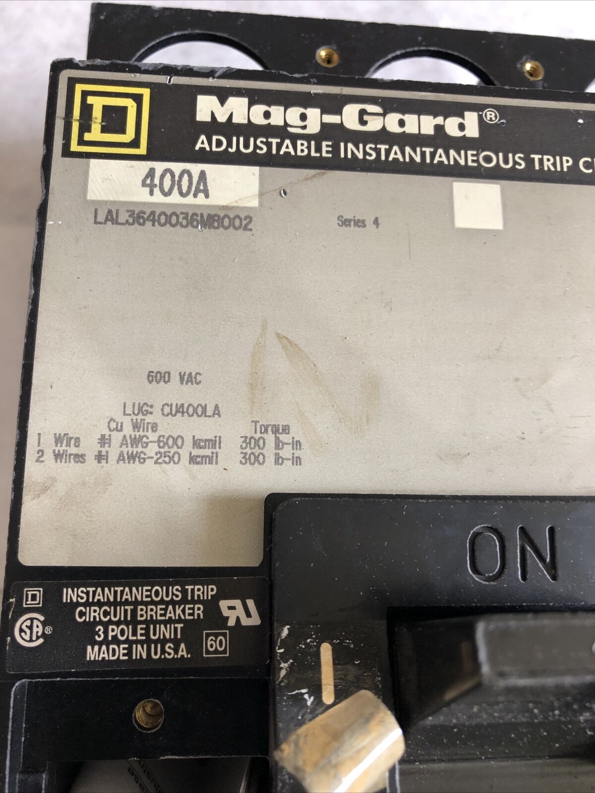 Square D Lal3640036m8002 400 A Electric Circuit Breaker 400Amp 3Pole 600Vac,Fm
