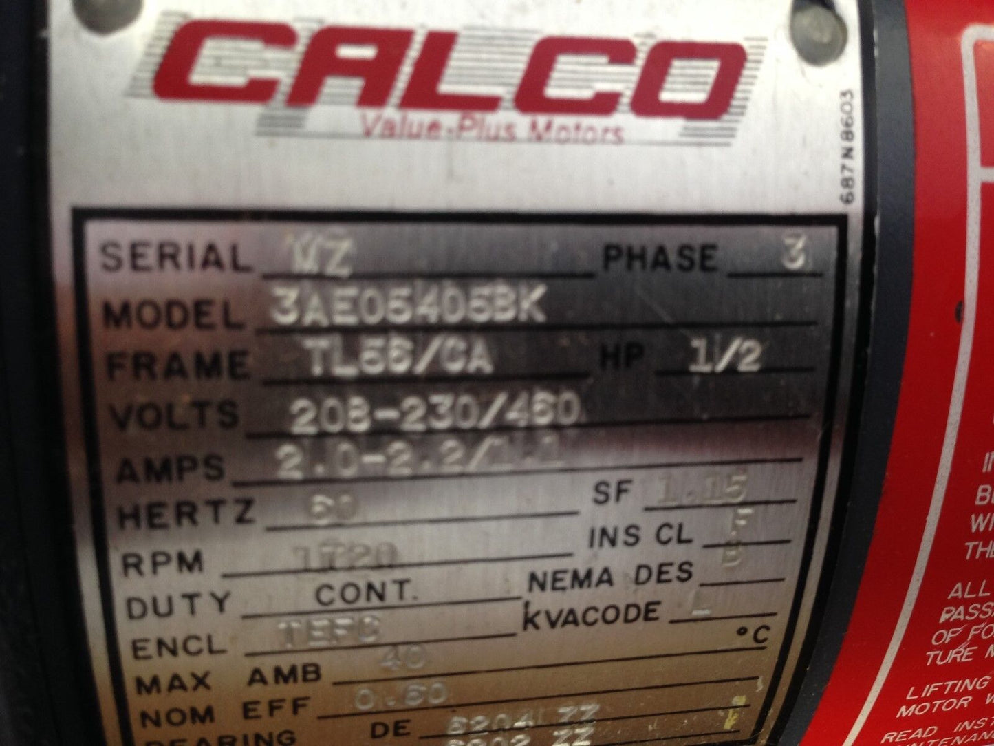 New Calco 3Ae05405bk Calco Motors 1.5Hp 1720Rpm 208-230/460Vac 3Phase,Fa,Av
